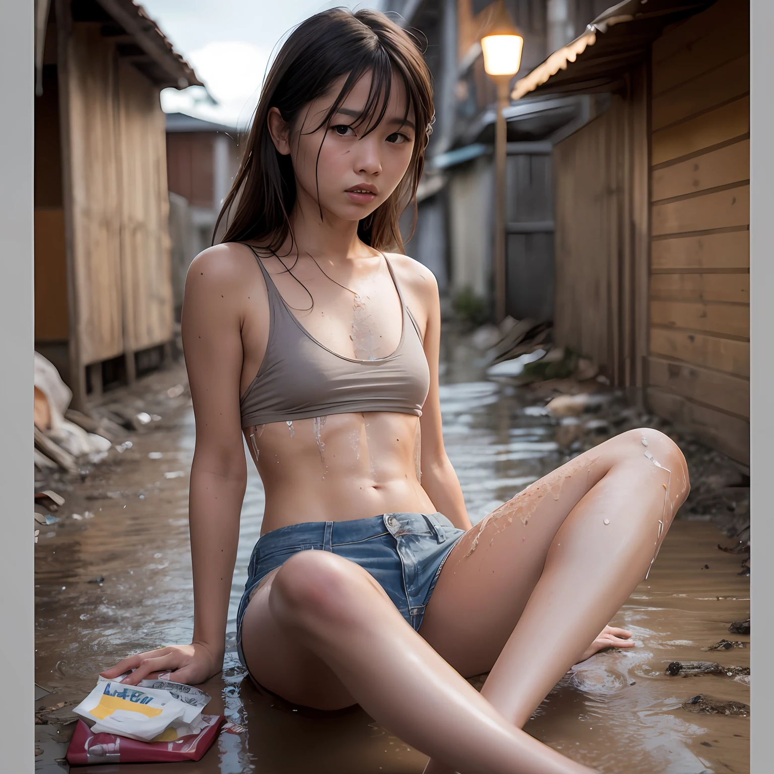 (8k, RAW photos, best quality, masterpieces, : 1.2), (realistic, photorealistic: 1.37), -yeld Ja girl with a sad face of homeless, delicate face, sad expression of despair, sitting and depressed, slums, garbage dumps, piles of garbage, (garbage: 1.5), sloppy, people coming and going, many women, obscene, crowded, poor, torn and dirty tattered dirty clothes, collarbone, no bra, torn micropants, wet clothes, dirty hair, dirty face, dirty skin, sweaty skin, (sweat: 1.5), muddy skin, muddy feet, bare feet, small breasts, unkempt hair, tan, full body portrait, physically based rendering, cinematic lighting, complex and cinematic look, night, street lamp light, photorealistic, cowboy shot, Dynamic Angle