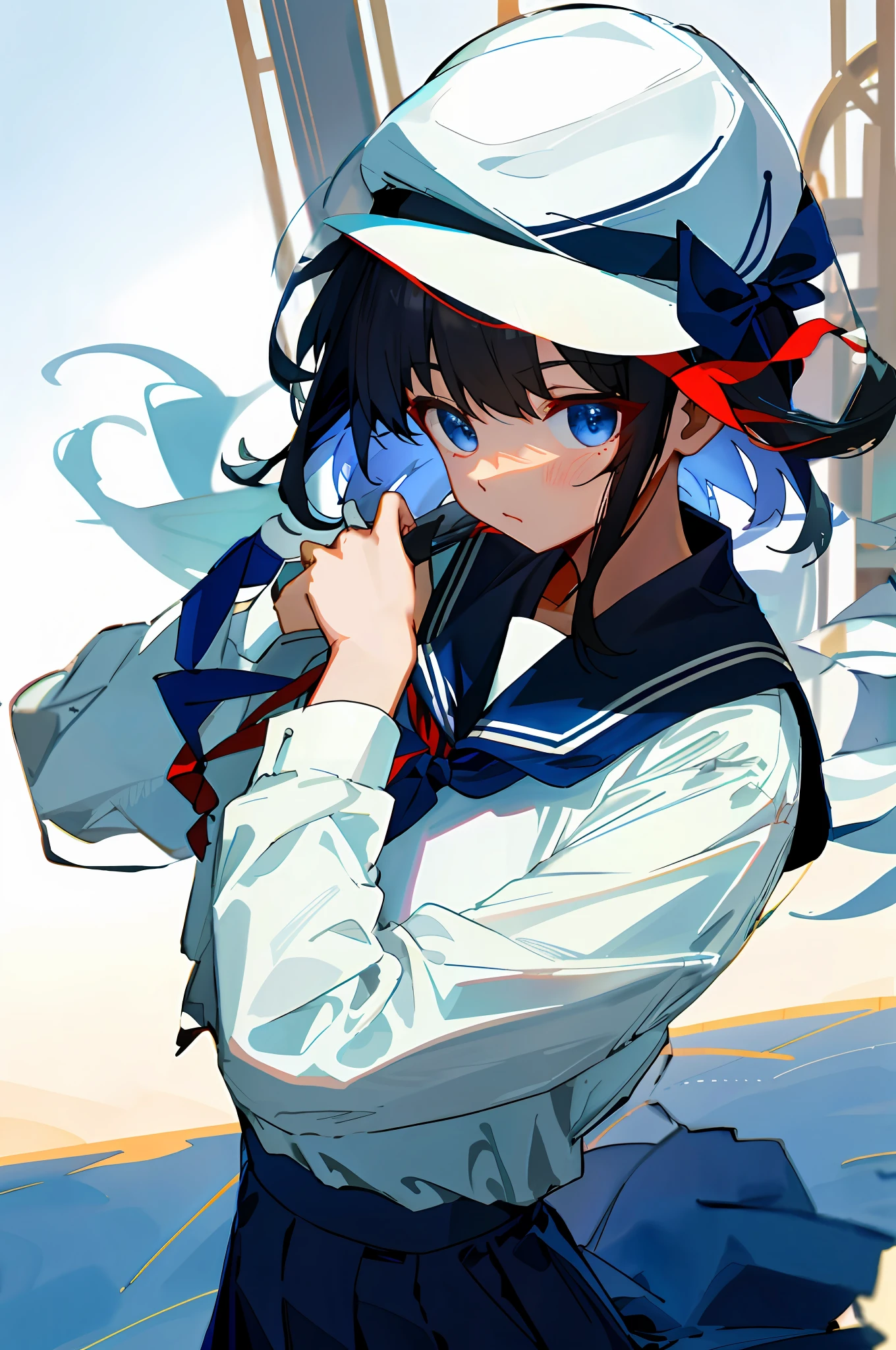 A dark-haired、white  shirt、Navy blue flared skirt、Large red ribbon