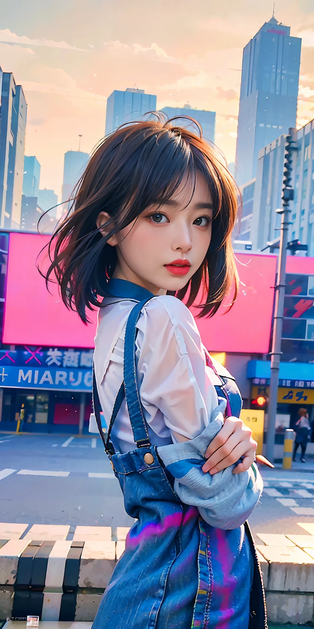((best images quality)), ((tmasterpiece)), ((meticuloso)), (Street fashion shooting), Girl wearing denim dress, s delicate face,youthfulenergy,Cyberpunk-city,Highlight the punk style, downtown landscape, Futuristic, Technology elements, holographic projections, with dynamism, A fusion of fashion and technology, (Digital illustration:1.2), (真实感:1.1), (High- sharpness:1.1)