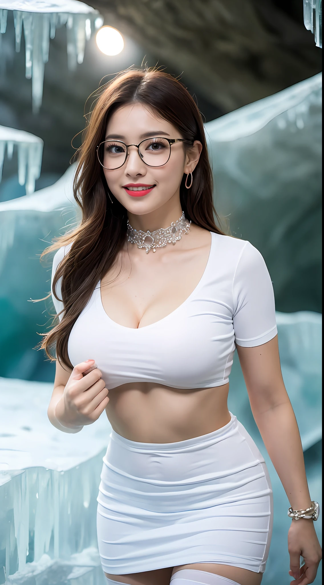 ((midnight, Need, 8K, tmasterpiece:1.3)), A whole body, Long legs, Focalors:1.2, Plump body，perfect figure beautiful woman:1.4,((Dark brown hair, huge tit:1.2 )), (Low-cut white T-shirt, Deep V white T-shirt，Skinny white T-shirt，blackstockings，short  skirt), ((ice cave, Snow, Ice )), crowd of，Highly detailed facial and skin texture, A detailed eye, 二重まぶた，wears glasses，crisp breasts，Smile with，Bigger breasts, Wavy hair，crisp breasts，Get wet，Sweat profusely，Red lips，Wear earrings，wearing a choker，Wear a bracelet，orgy，Rejoice，Hot dance，Perfect chest shape，vibrancy，Heaty，wildness，huge tit，Full Tits