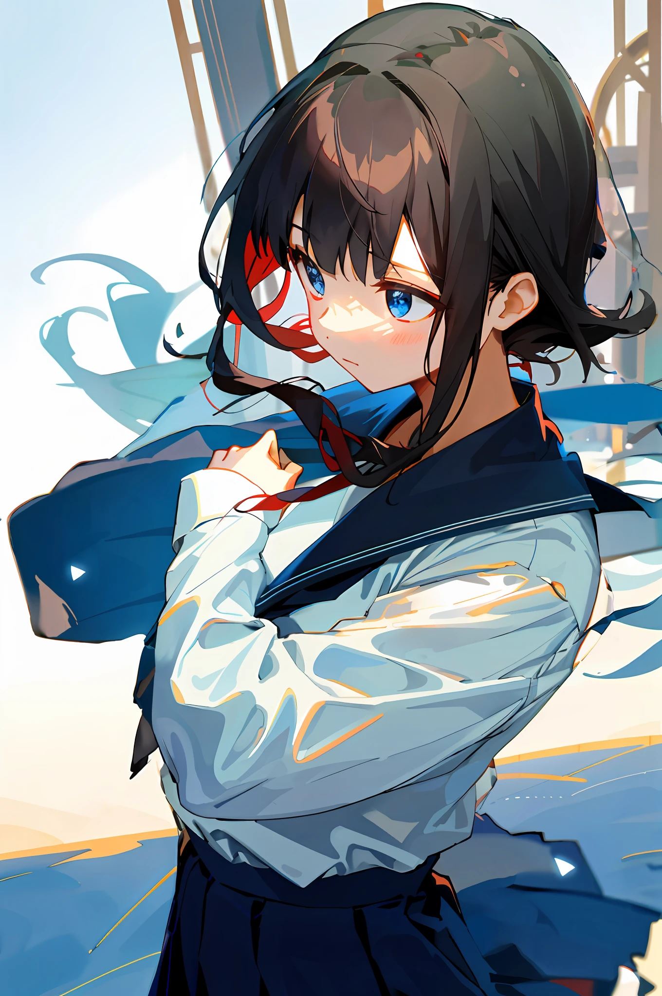 A dark-haired、white shirt、Navy blue flared skirt、Large red ribbon