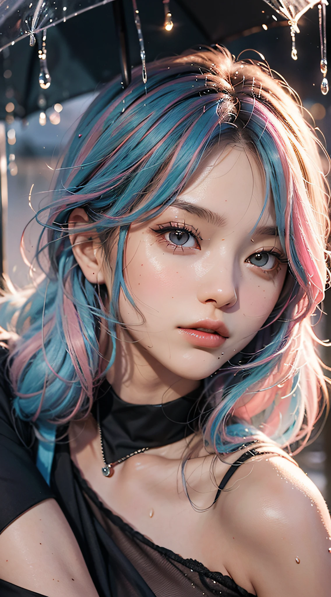 (best qualtiy,4K,tmasterpiece:1.3),Beutiful women,hyper realisitc,1girll,,sit-ups:1.1,dark brown hair:1.1,(Wet rain,Rain wet 0),Super detailed face,Detailed lips,Detailed eyes,二重まぶた,poolparty,lying at the pooledge,golden transparent dress,Blue and pink hair,the sunset