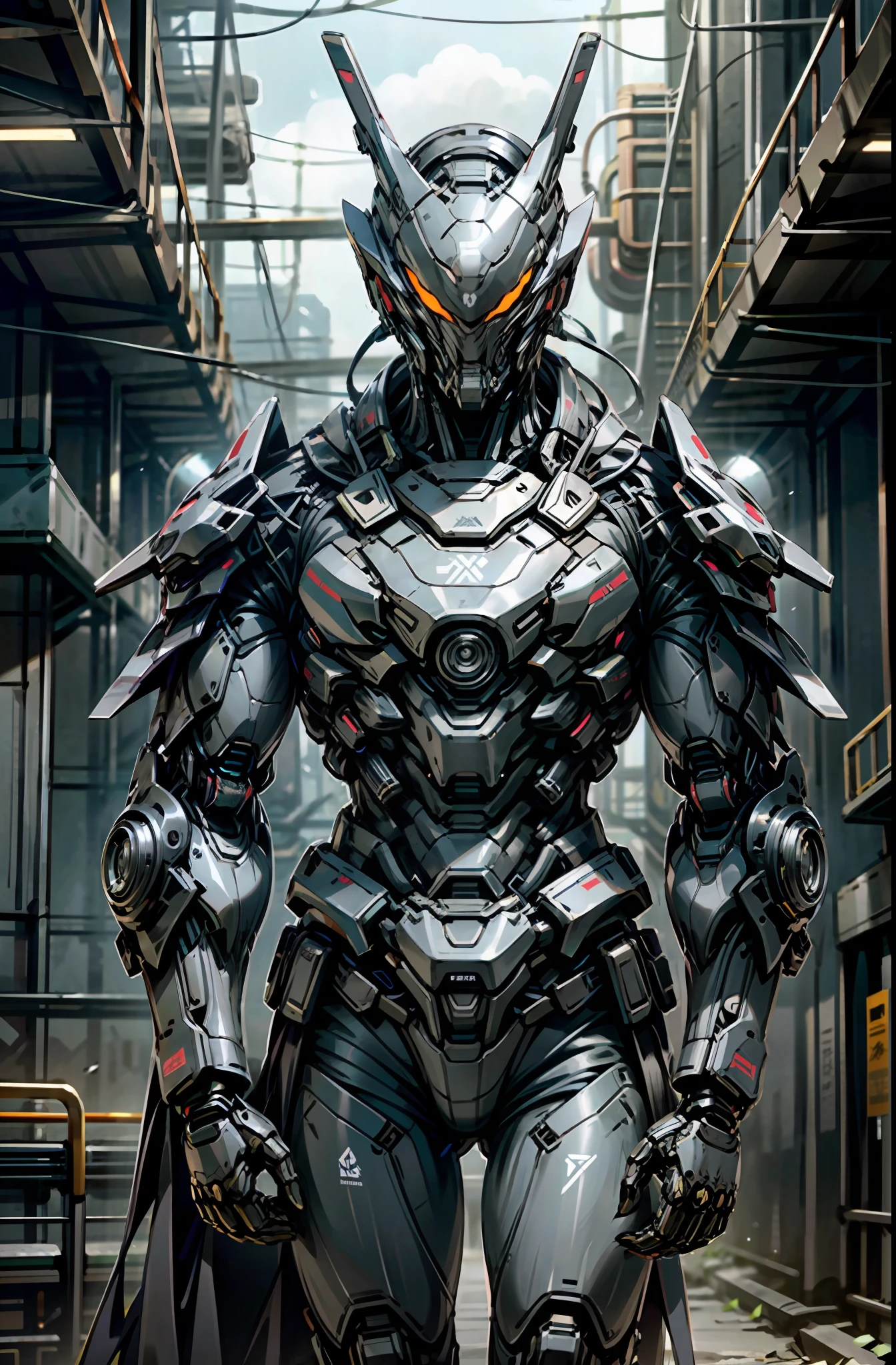 Dark_Fantasy,Cyberpunk,1manMechanical marvel,Robotic presence,Cybernetic guardian, samurai mechanical armour, katana on the waist, absolutely stunning art,wearing a black cloak, highest quality art, highest resolution, hyper detailed,black and red, futuristic, samurai robot, atmospheric,8k,64k, HD, unparalleled masterpiece, dynamic lighting, cinematic, epic