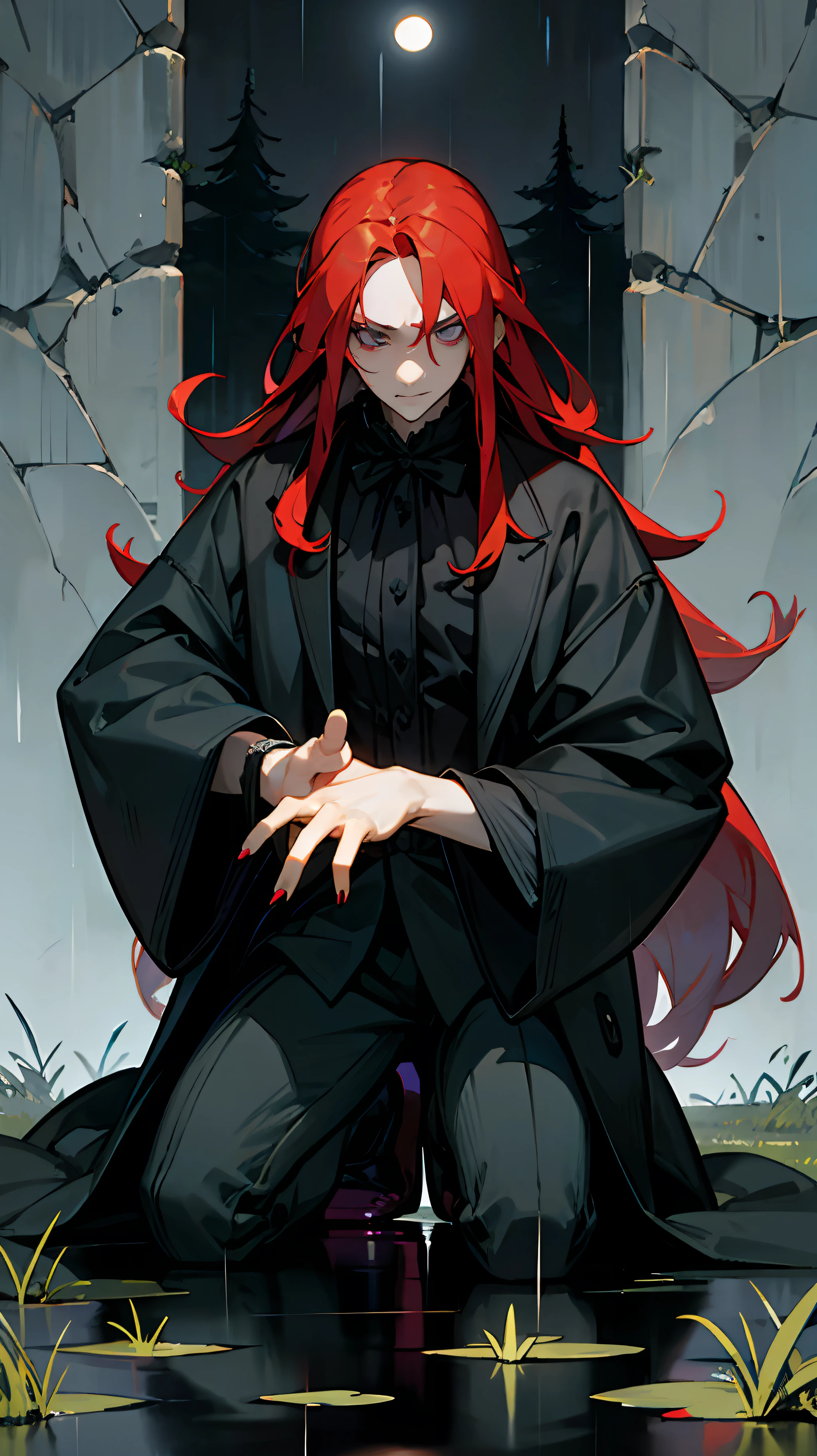 that's what a real vampire should look like! a tall, handsome 1man, with a pleasant narrow pale face, long straight red hair, purple eyes, he is dressed in a black shirt and a raincoat, like a classic Dracula. He is kneeling on the dark grass, one of his hands is also lowered to the ground, demonstrating long fingers and a sharp manicure. His face is sad and exhausted, and his free hand covers half of his face. On the background is a dark forest, night, rain, a shadow is superimpose