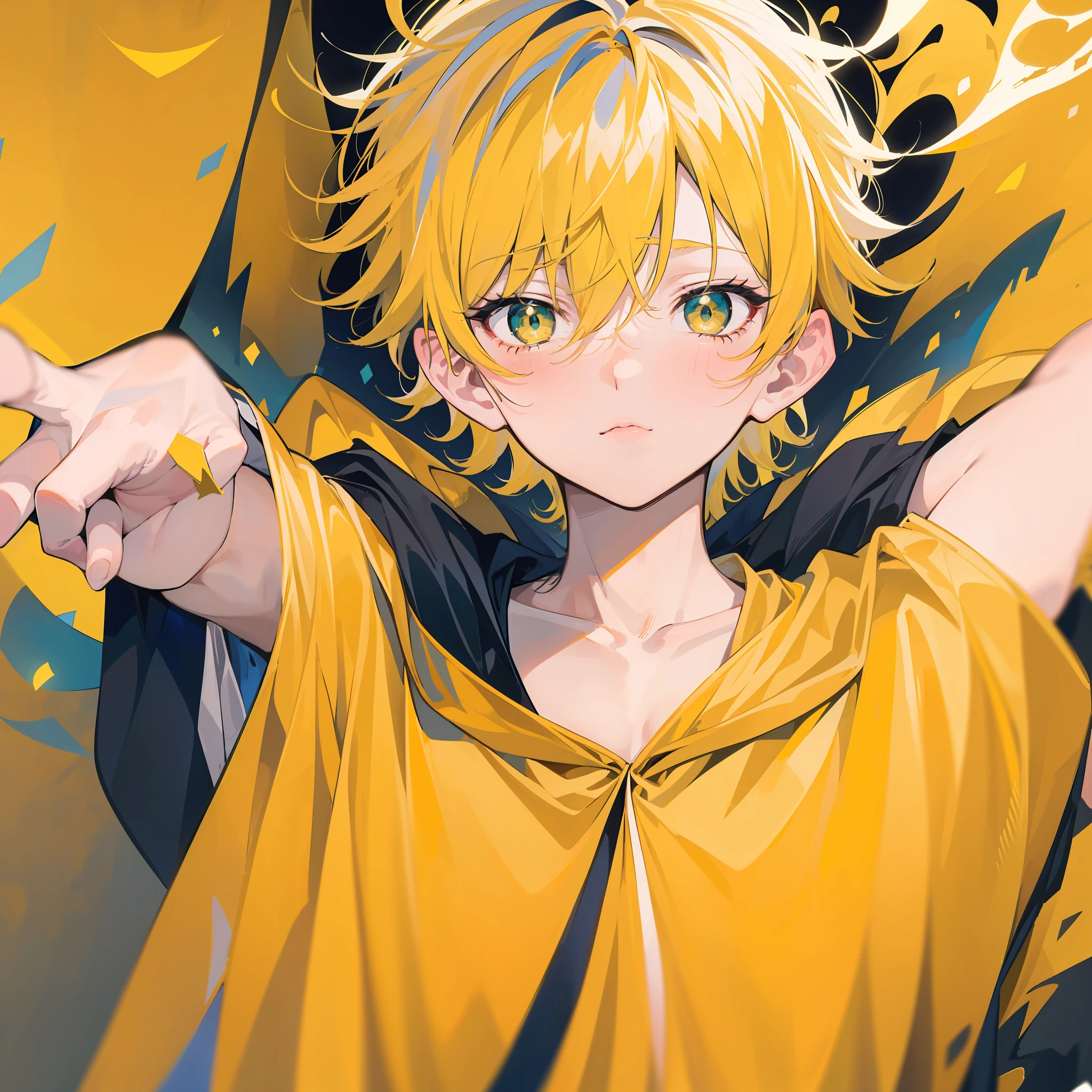 Splash screen, Swirling background, dynamic scene, 1boy, , Young mage, (face, wide-eyed:1.5), Elegant and gorgeous gold robe, magic, fantasy, (Yellow_Theme:1.2), Holy light, Light_Rays，blond hairbl，The background is brilliant，Green eyes