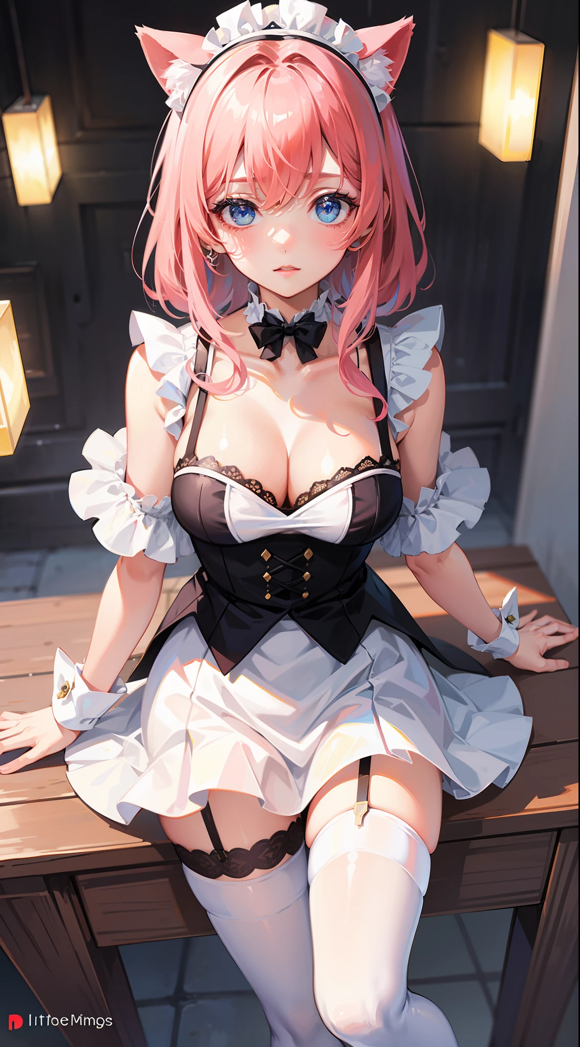 tmasterpiece， best qualtiy， ultra - detailed， illustratio， （1girl）， Beautiful detailed eyes， looking at viewert， closeup cleavage， （breasts focus）， Pink hair， is shy， Cat ears， White maid outfit， stocklings， a garter belt， eBlue eyes， upper legs