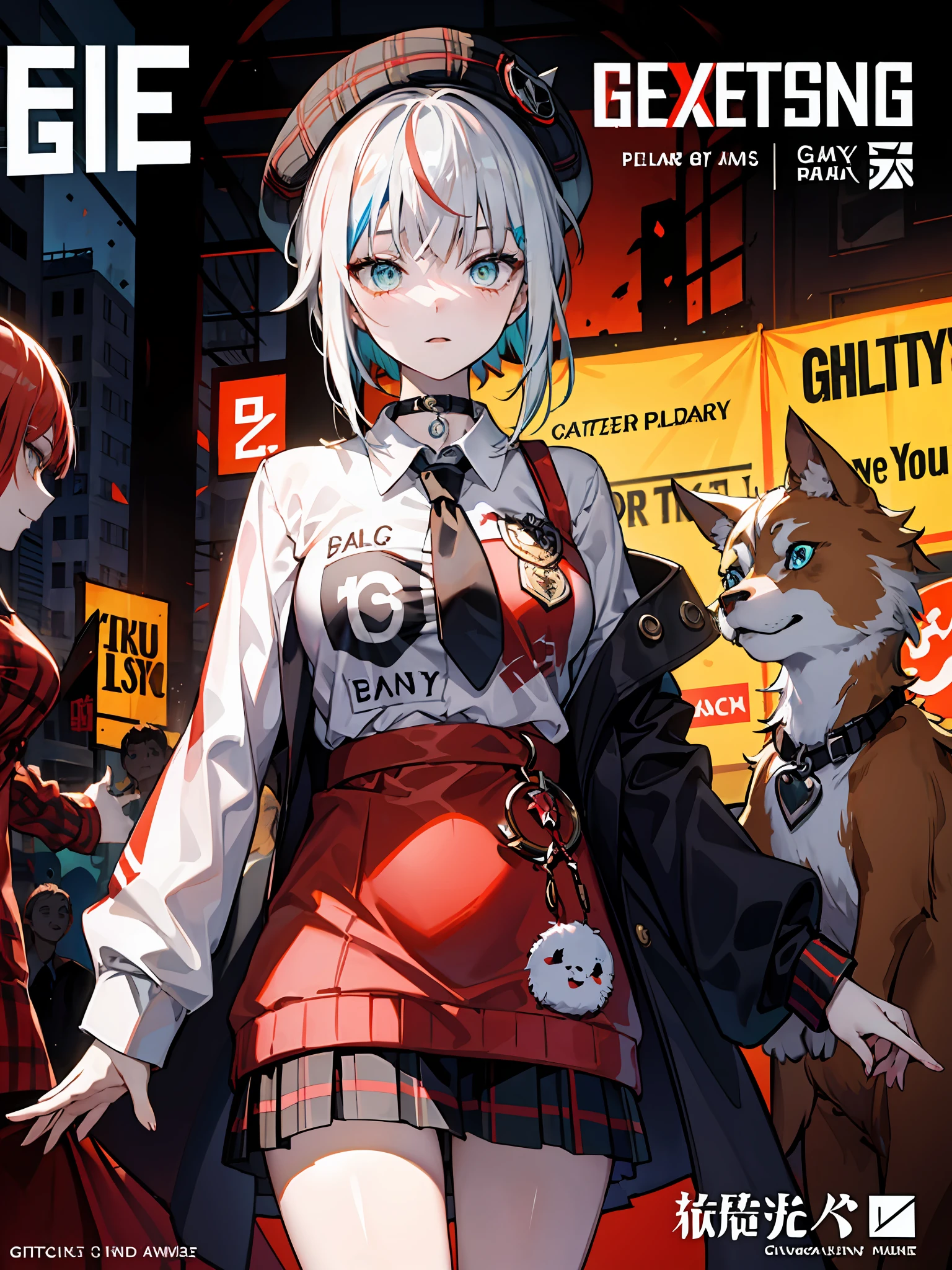 (((Dramatic)))、(((gritty)))、(((vehement))))The poster of the film appears as a central character。She is shy in the center of the poster、Wearing an idol costume、Has a determined look。The background is dark and rough、I feel like I'm drunk。Text is bold and eye-catching、Catchy slogans add to the overall drama and excitement。The color palette is dominated by dark colors.、Bright colors dotted、Make your poster dynamic and visually impactful、Tachi- e(magazine:1.3)、(cover-style:1.3)、独奏, Red gradient streak hair, short-hair, white hair, lillie(Wakka), Black beret, plaid skirts, a choker, Cyan Sweater Jacket, shirt with collar, Black plaid tie, sleeves past fingers, bluntbangs、Fashionable、with a vibrant、outfits、the pose、the front、colourfull、Dynamic、Background with、element、self-assured、Expressively、ngel、statement、attachment、An majestic、coiled、surroundings、Touch、The scene、Texto、covers、boldface、grab attention、Titles、lo fashion、Font、Catchy、Titles、Large、grab attention、moderno、 Trendy、concentrating、Stylish、1 girl in,a miniskirt