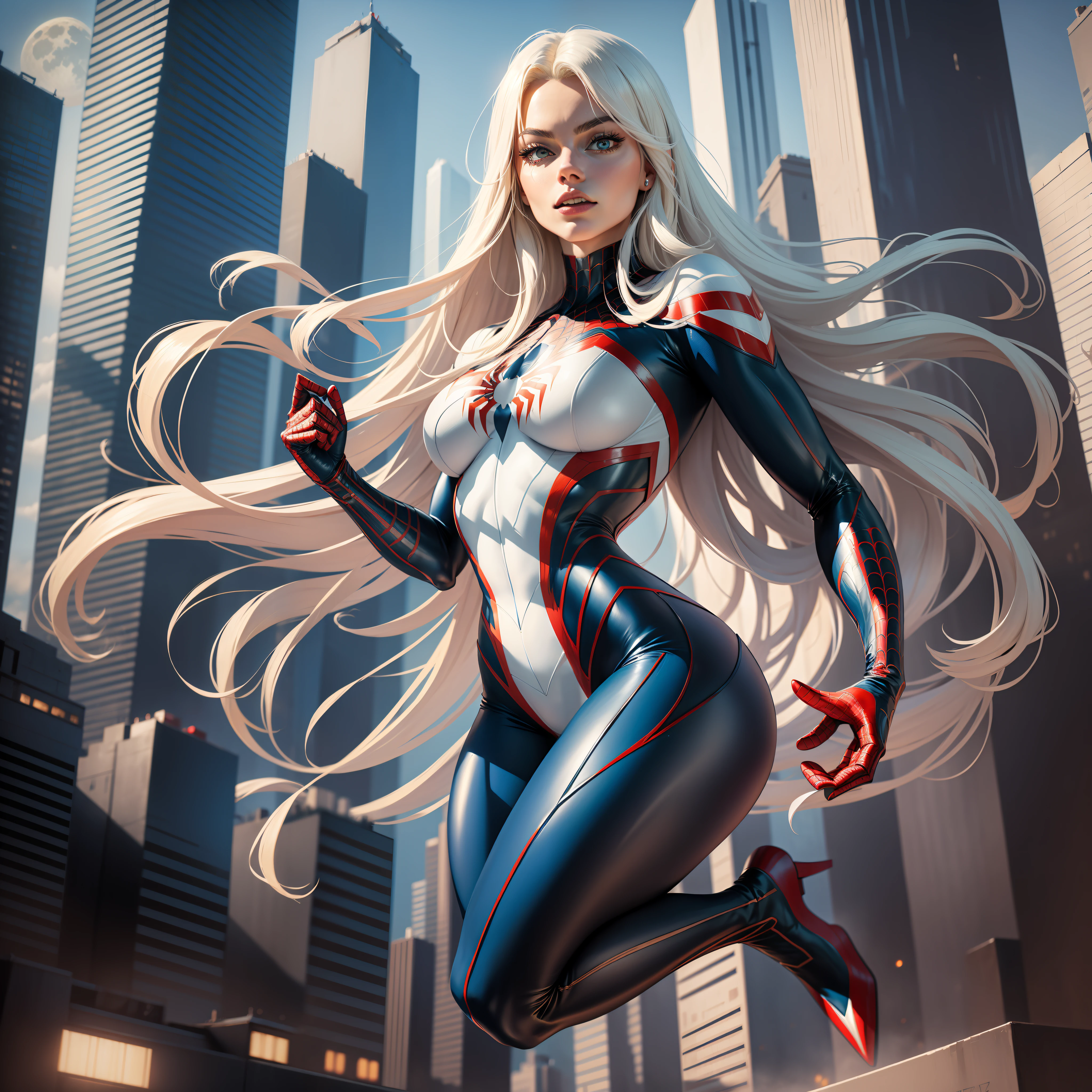 Margot Robbie (Masterpiece, 4k resolution, ultra-realistic, very detailed), (White superhero theme, charismatic, there's a girl at the top of town, wearing Spider-Man costume, she's a superhero), [ (25 years), (long white hair:1.2), full body, (blue eyes:1.2), ((Spider-Man pose),show of strength, jumping from one building to another), ((sandy urban environment):0.8)| (cityscape, at night, dynamic lights), (full moon))] # Explanation: The Prompt mainly describes a 4K painting of ultra-high definition, very realistic, very detailed. It shows a superheroine at the top of the city, wearing a Spider-Man costume. The theme in the painting is a white superhero theme, the female protagonist has long white hair, is 25 years old and her entire body is shown in the painting. In terms of portraying the actions of superheroines, spiders are employed