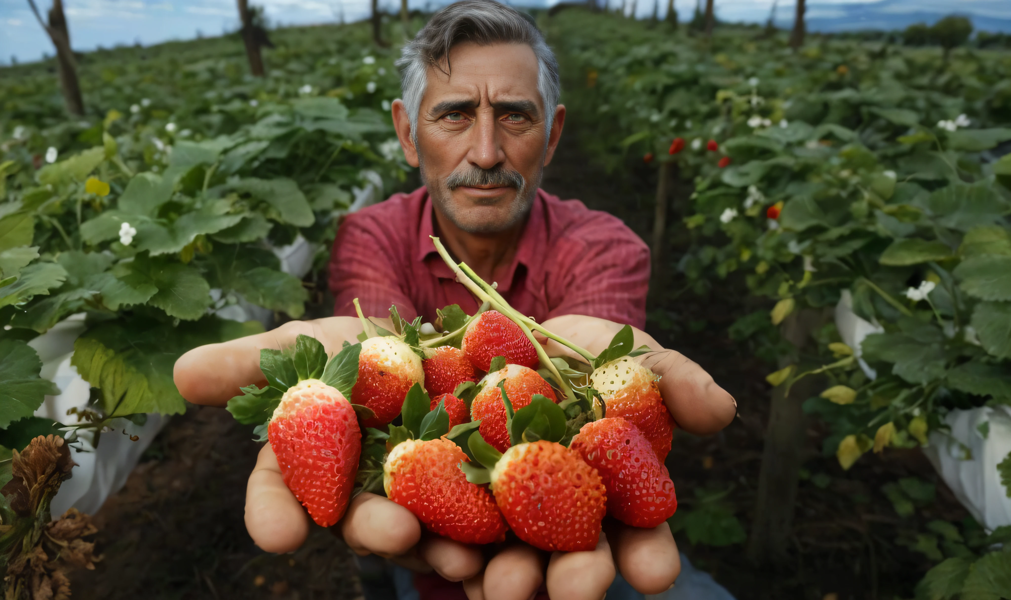 Homem arafed segurando um monte de morangos em um campo, Campos de morango para sempre, segurando um morango gigante, 4074294527, 2717433015, Morangos, 2506921471, Detalhe excepcional, agricultor, 1614572159