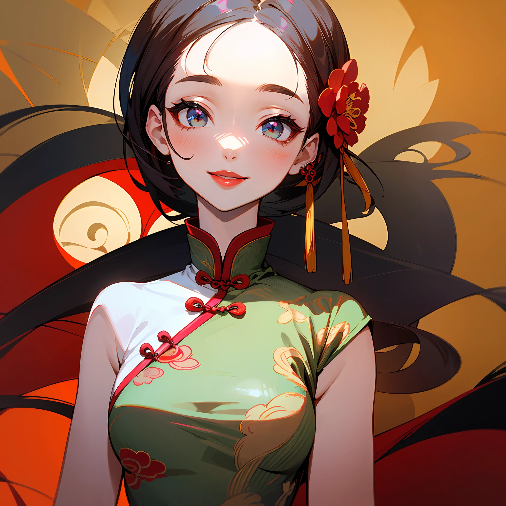 1girll,Upper body,fashi-girl,china dress,Chinese clothes,hair flower,(Masterpiece:1.4),(Best quality:1.4),(Shiny skin),Red lips,view the viewer,Smile --auto
