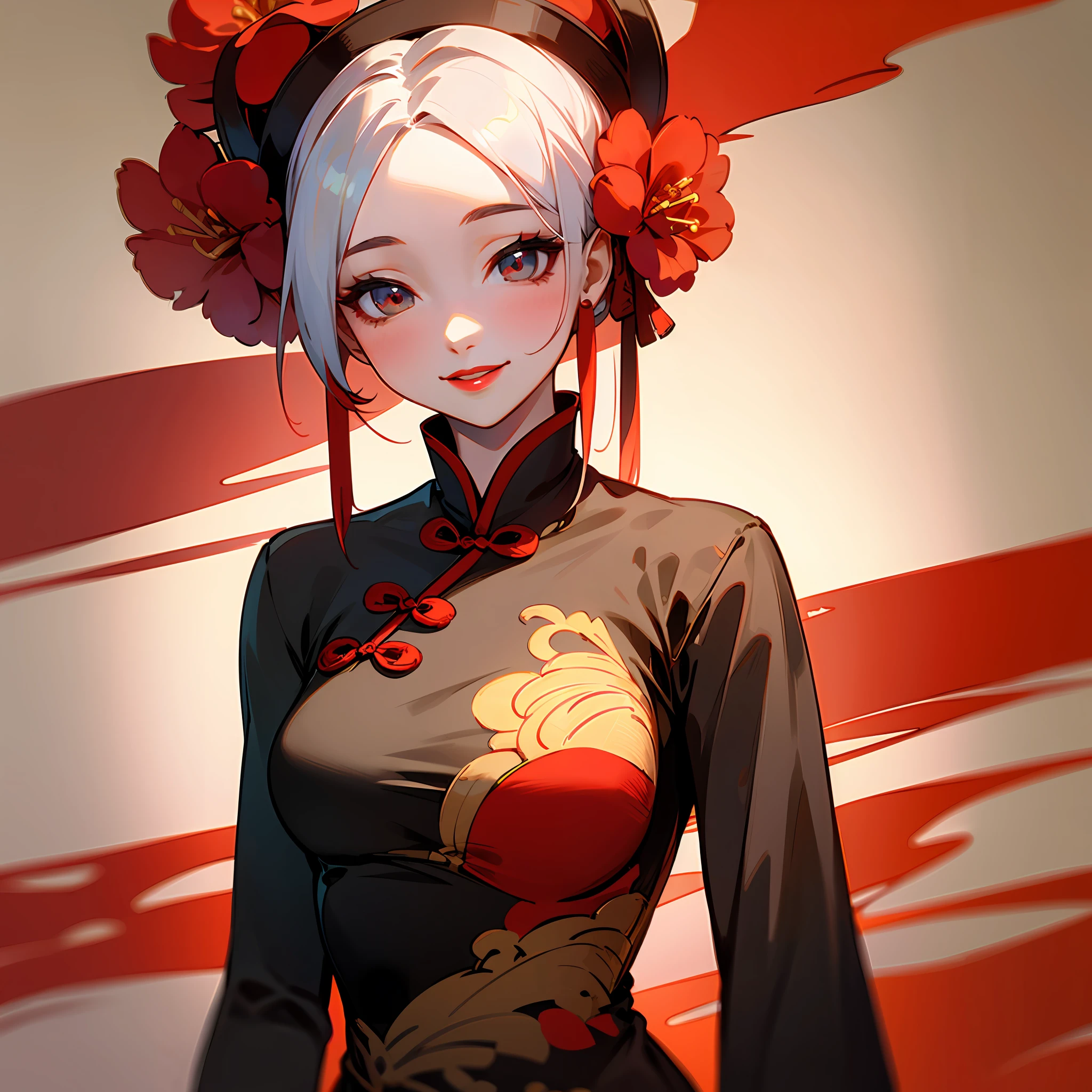 1girll,Upper body,fashi-girl,china dress,Chinese clothes,hair flower,(Masterpiece:1.4),(Best quality:1.4),(Shiny skin),Red lips,view the viewer,Smile --auto