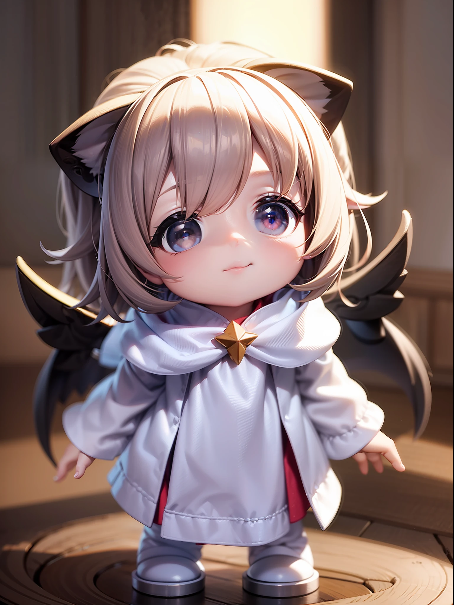 PopMart Blind Box IP, a close-up of a cute, white robe doll, young wanangel style, wearing long and fluent clothes, wlop style, pocelain doll, little people; Unreal Engine 5, Lite 3D/C4D production: 8K HD quality/lighting/ultra-detailed lens depiction 1.5, flawless, chibi background/cinematic.