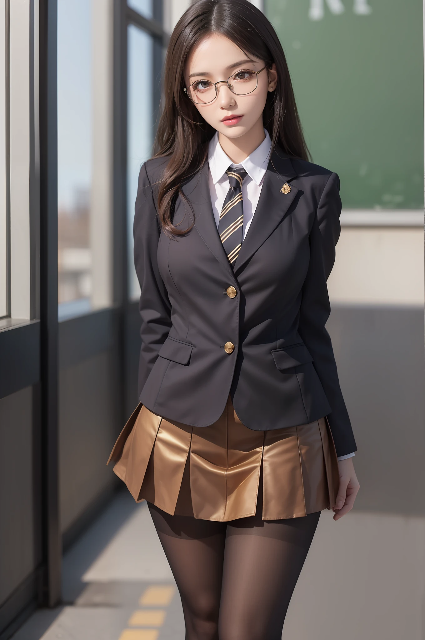 Pretty girl standing, thin legs, high heels on the ground, classroom, (masterpiece:1.3), (8k, photorealistic, RAW photo, best quality: 1.4), (1girl), beautiful face, (realistic face), black hair, long hair, beautiful hairstyle, realistic eyes, pretty detailed eyes, realistic skin, beautiful skin, super high resolution, super realistic, very detailed, golden ratio, cute, cute female teacher, high school girl in jk uniform, surreal high school girl, short skirt, tight skirt, pantyhose, black stockings, full body view, thin arms, big breasts, with gold wire glasses