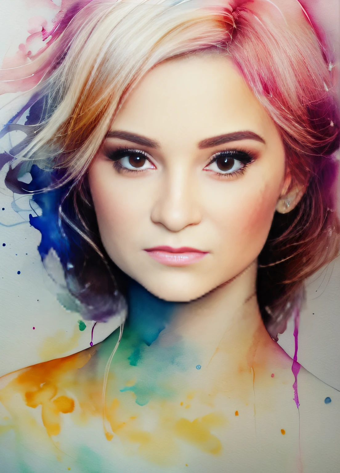 uma mulher, arte estilo agnes cecile, design aquarela, pastels colors, pingos de tinta, fundo branco, highes definition, cabelo aquarela bonito