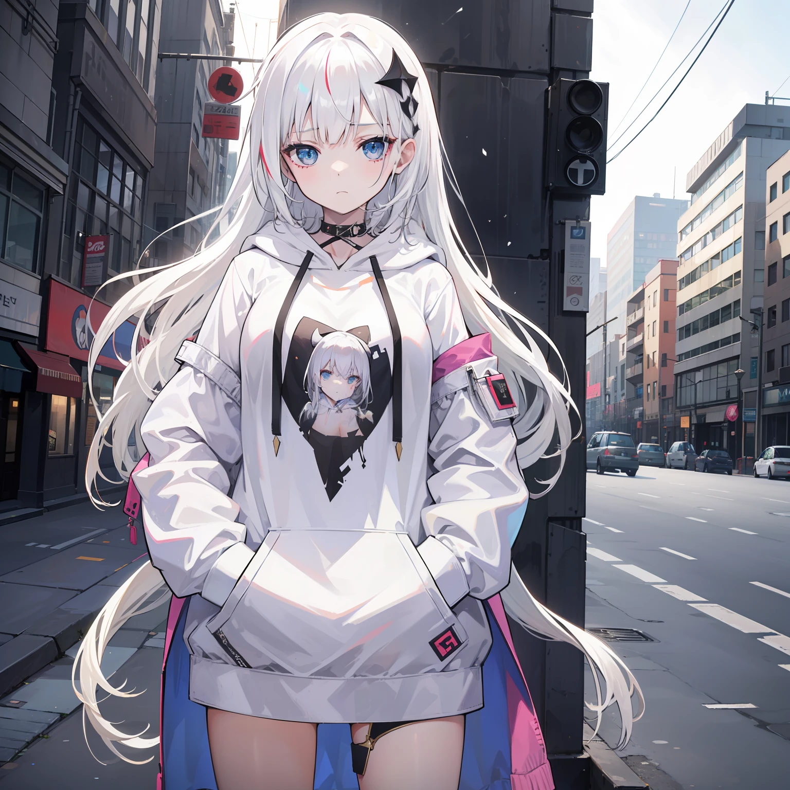 1girll, Breast in,stitched face, patchwork skin, Closed mouth, Long_Hair, face expressionless,City,street, White hair, ,stitched_face,Patchwork_skin,Cowboy shot,( Hoodie),(Hand in pocket),Open white coat，Inside, she wears short black sleeves with a love motif on them，