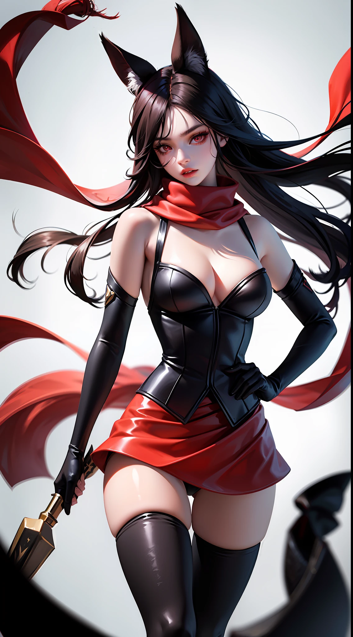 1girl, weapon, long hair, thighhighs, mask, black hair, solo, ninja, holding, breasts, red eyes, holding weapon, mask on head, very long hair, fishnets, gloves, looking at viewer, lips, parted lips, kunai, bare shoulders, gun, red scarf