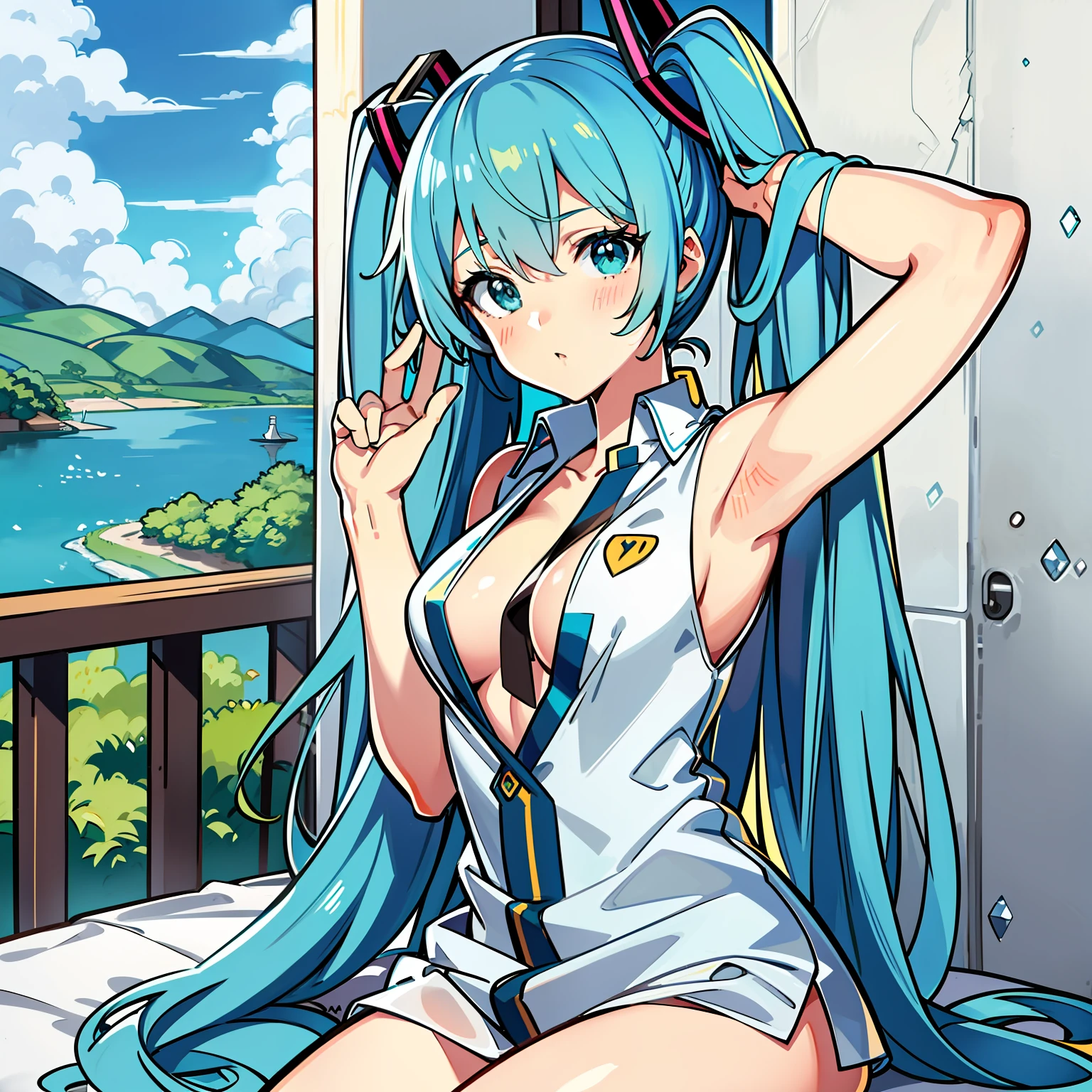 Hatsune Miku sem roupas sedutora anime,tomando banho numa lagoa azul, maos em cima dos peitos, peitos pequenos, adoslecente, mamilos marcando a roupa, muito sensual, roupa molhada, sem camisa, pelada, sexy, sem saia