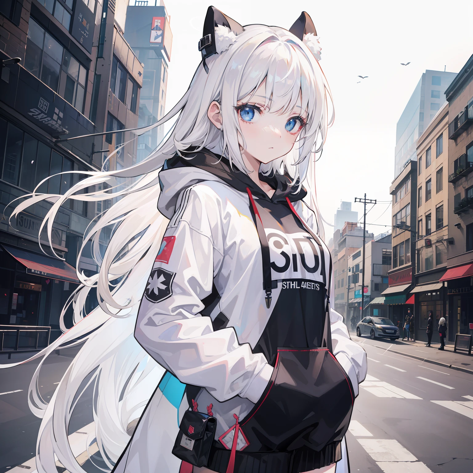 1girll, Breast in,stitched face, patchwork skin, Closed mouth, Long_Hair, face expressionless,City,street, White hair, ,stitched_face,Patchwork_skin,Cowboy shot,( Hoodie),(Hand in pocket),Open white coat，Inside, she wears short black sleeves with a love motif on them，