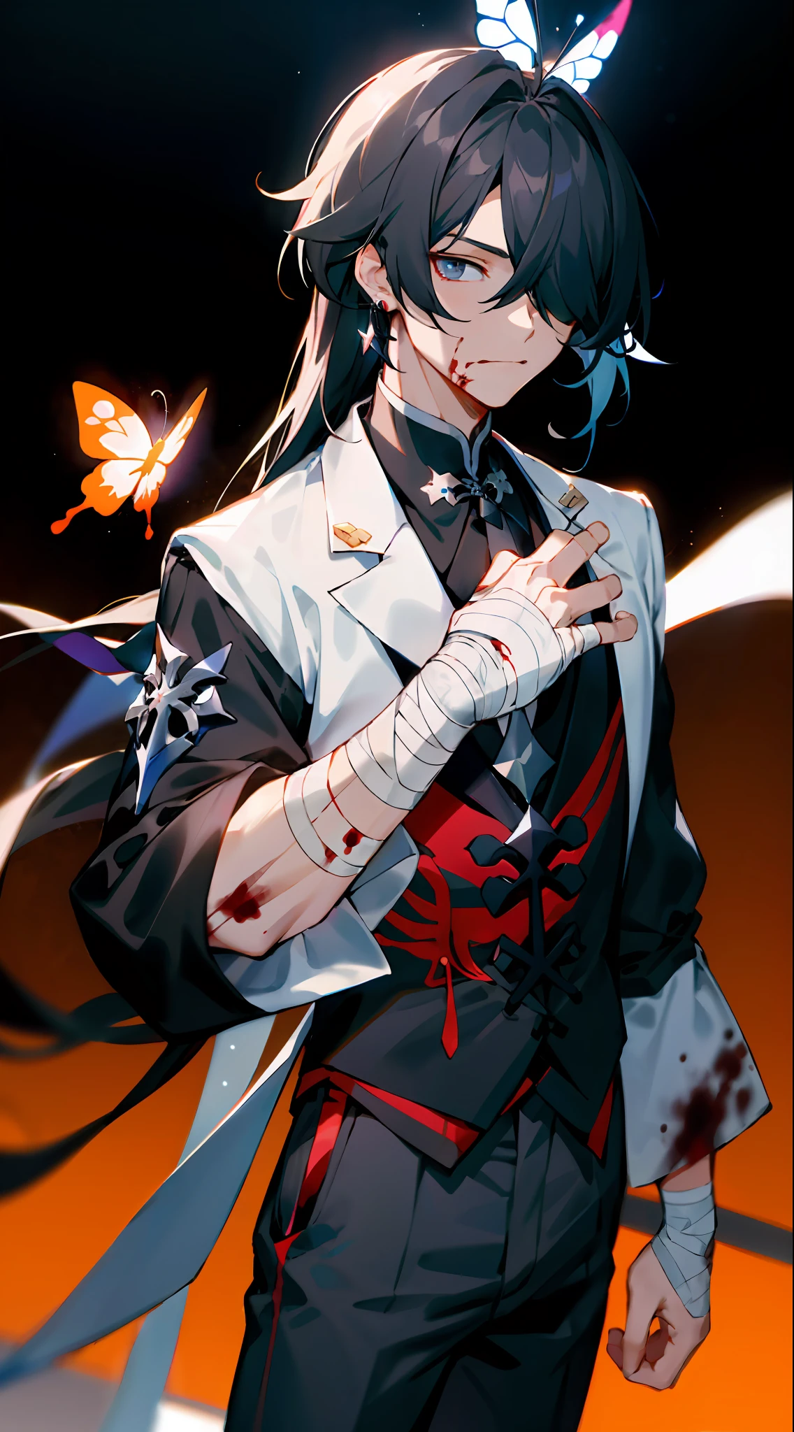 honkai: star rail, blade (honkai: star rail), (long hair), black hair, 1boy, cruel face, bandaged hand, bandages, black sleeves, blood, chinese clothes, chest sarashi, grey pants, hair over one eye, long hair, long sleeves, male focus, pants, parted bangs, simple background, solo, standing, upper body, hair ornament, butterfly hair ornament,earrings