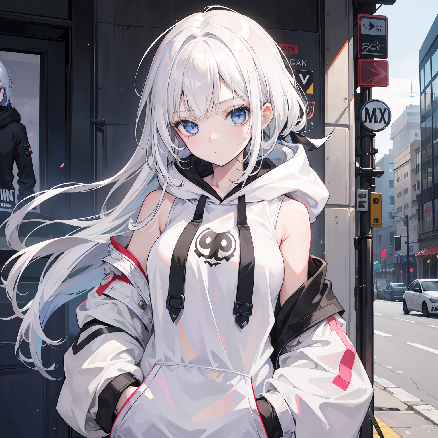 1girll, Breast in,stitched face, patchwork skin, Closed mouth, Long_Hair, face expressionless,City,street, White hair, ,stitched_face,Patchwork_skin,Cowboy shot,( Hoodie),(Hand in pocket),Open white coat,Inside, she wears short black sleeves with a love motif on them,