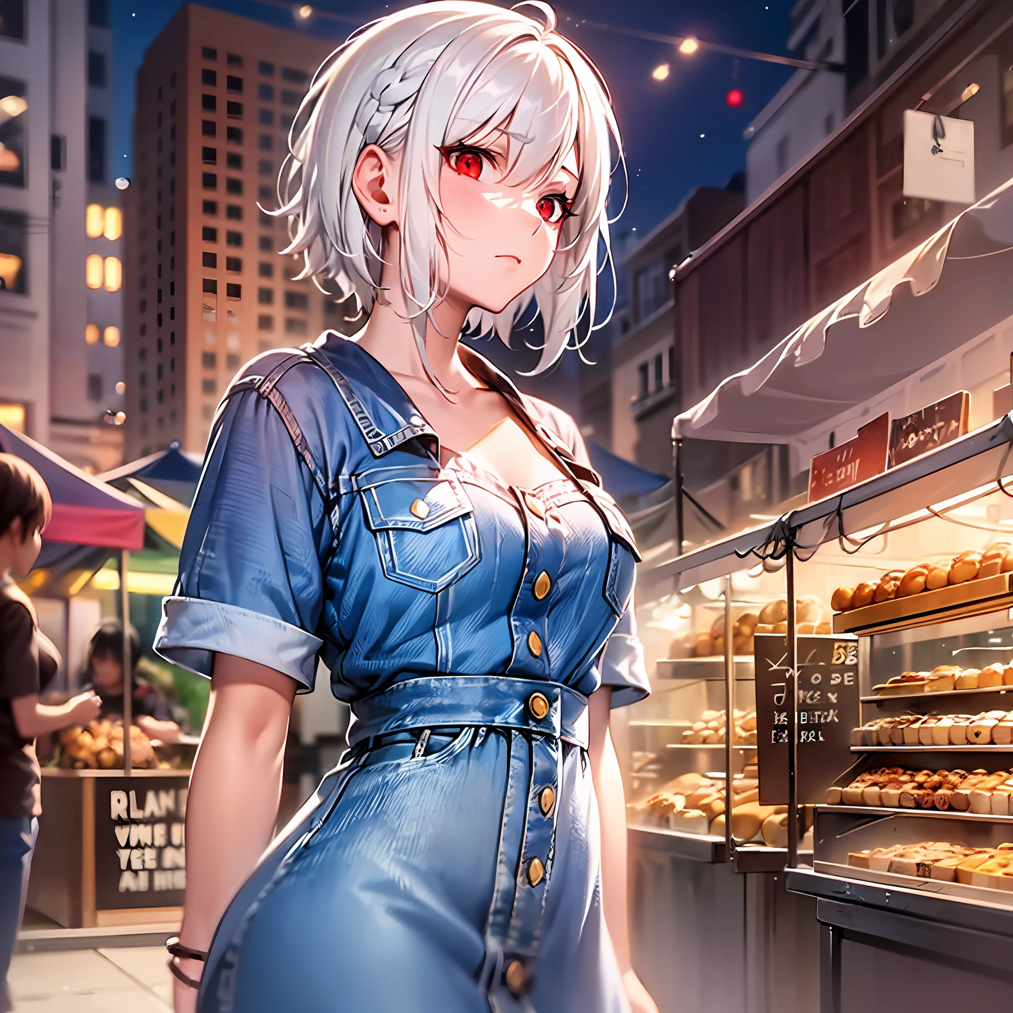 1girl, solo, (white hair:1.3), short hair, french braid, (denim dress:1.2), expressionless, red eyes, glint, (standing:1.2), cowboy shot, from side, dutch angle, (Night Market:1.35), day, masterpiece, best quality,ray tracing, backlighting, 8k, super detail, anatomically correct, textured skin