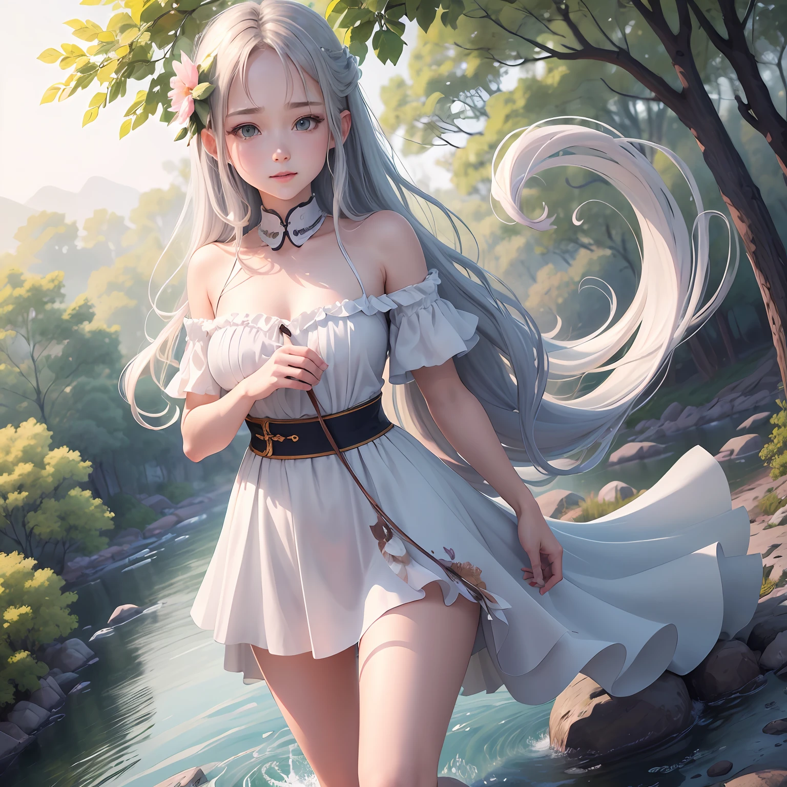 sgyy,(upper body: 1.5),(white background:1.4), ((tachi-e)), original,(illustration:1.1),(best quality),(masterpiece:1.1),(extremely detailed CG unity 8k wallpaper:1.1), (colorful:0.9),(panorama shot:1.4),(full body:1.05),(solo:1.2), (ink splashing),(color splashing),((watercolor)), clear sharp focus,1girl standing,(flowers,woods),outdoors,rocks, looking at viewer, make happy expressions,soft smile,pure,beautyfull detailed face and eyes,long hair,very long hair,soft face,forehead --auto