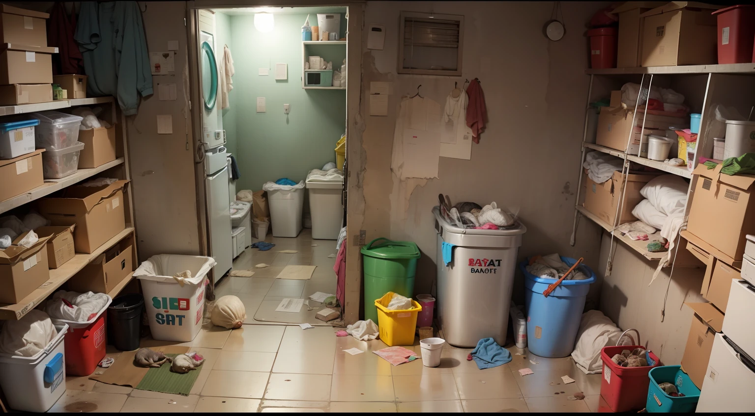 Poor dirty family living in a dirty, dirty, cramped basement, very dirty, old, very dirty, trash, cockroaches, rat