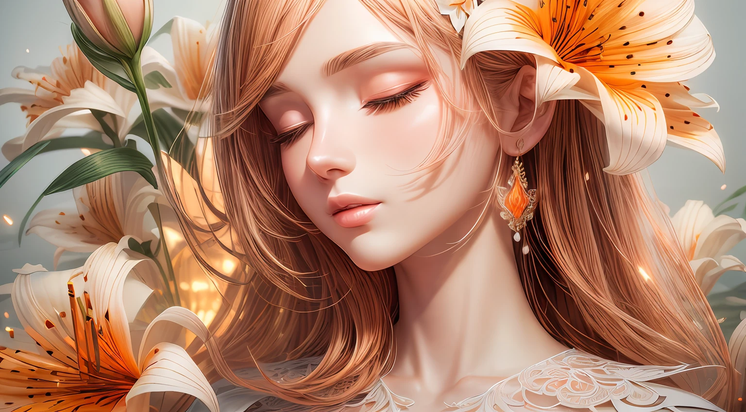 (illustration:1.3),paper art, 3D rendering，Orange background，(Beauty side face,close eyes:1.3)，（lilies：1.2）, Colorful, Best quality, Detailed details, Masterpiece, offcial art, Cinematic lighting effects, 4K，chiaroscuro, sparkle