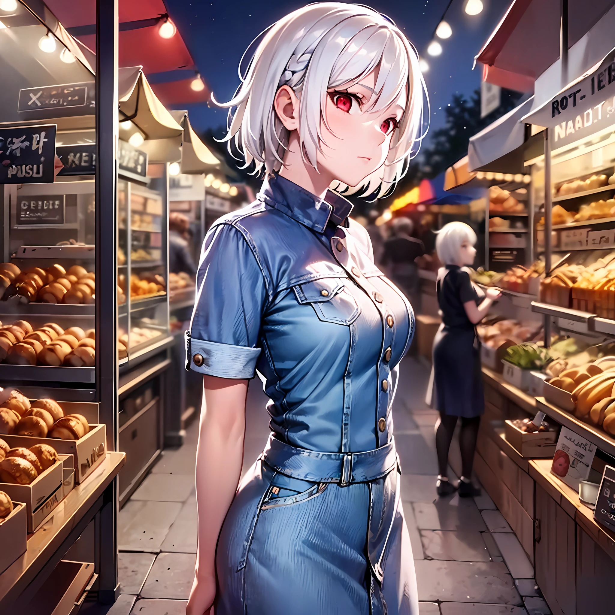 1girl, solo, (white hair:1.3), short hair, french braid, (denim dress:1.2), expressionless, red eyes, glint, (standing:1.2), cowboy shot, from side, dutch angle, (Night Market:1.35), day, masterpiece, best quality,ray tracing, backlighting, 8k, super detail, anatomically correct, textured skin