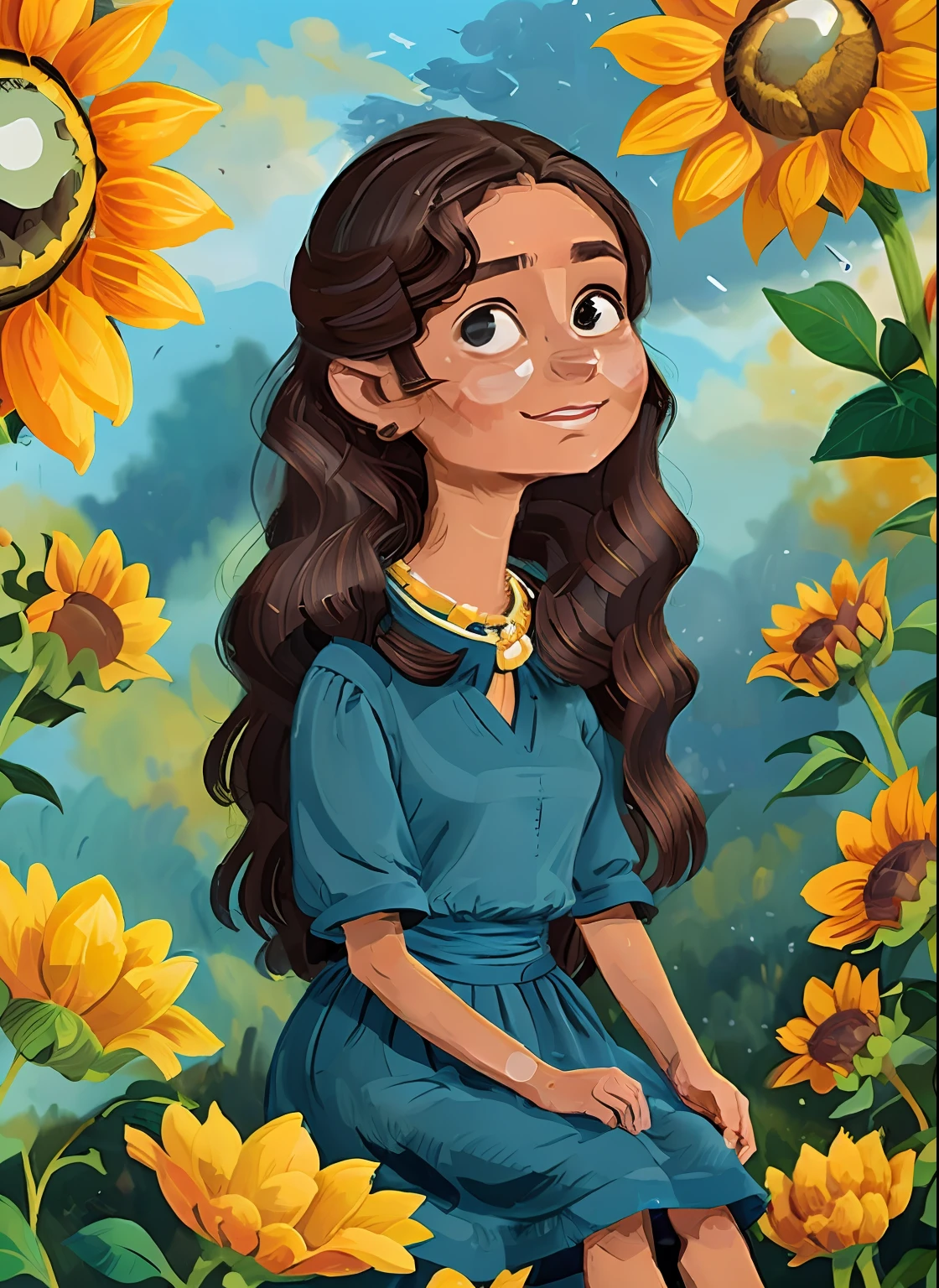 (uma pintura de mse) (pinceladas) (obra-prima, melhor qualidade), close-up of face 18-year-old girl with long dark hair sitting in a field of sunflowers, the hand under his chin, warm ilumination, vestido branco , detailed facial features, delicado, 1 de 6 anos, longos cabelos escuros e cacheados, delicate strokes, olhos puxados e castanhos e vestido rosa, 1 meninaanos, cabelos escuros corte chanel e franja, olhos castanhos e brilhantes e vestido azul.qualidade perfeita,Clear focus(Desordem - Home:0.8), (obra-prima:1.2) (Realista:1.2) (Bokeh) (melhor qulity) (Pele detalhada:1.3) (detalhes complexos) (8k) (Olhos Detalhados) (foco nítido),(Divirta-se)