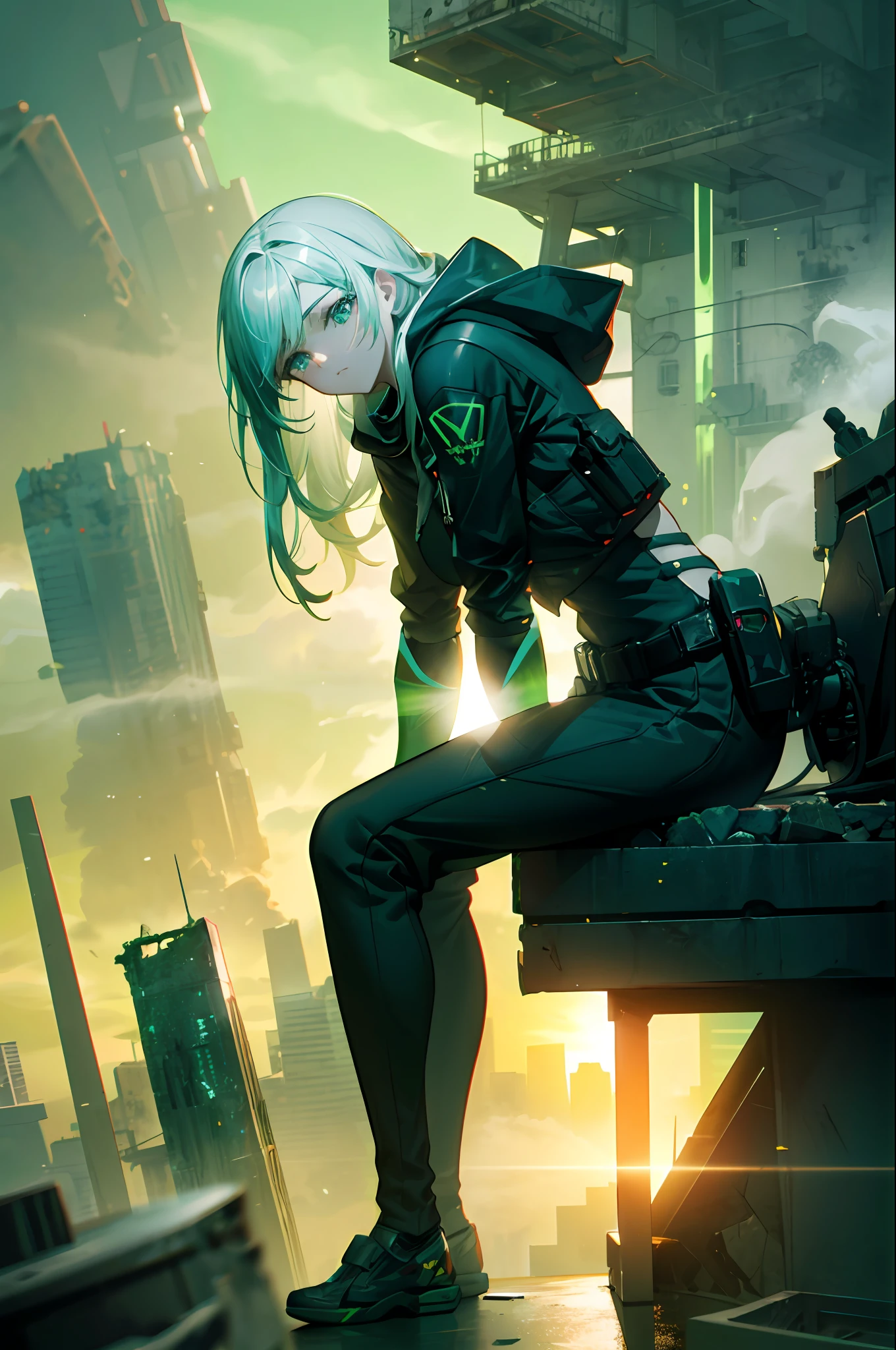 Smoke, postapocalypse, ((Green Dawn:1.3)), Green sky, green light, The ruined backdrop of the city, ((spaceship in the sky)), science-fiction, (shapely body: 1.4), a 1girl, sitting on the rubble of a building, (Long white hair: 1.4), Cyan eyes, Black pants, black big sweatshirt, hood, Cyberpunk clothes, city   of the future, Sad look, bruises under the eyes, Destroyed skyscrapers, HDR (High Dynamic Range), ray traced, NVIDIA RTX, Over-resolution, Unreal 5, sub-surface Scattering, текстурирование PBR, postprocessed, Anisotropic filtering, Depth of field, Maximum clarity and sharpness, Multi-layer Textures, Albedo and specular maps, Surface shading,  Accurate Light-Material Interaction Simulation, Octane rendering, duotone lighting, Low ISO, White balance, the rule of thirds, Wide aperture, 8K RAW, efficient sub-pixel, sub-pixel convolution, (luminescent particles: 1.4), {{tmasterpiece, beste-Qualit, extremely detailed CGI, Unity 8k壁纸, 3d, 电影灯光, lens flares}},