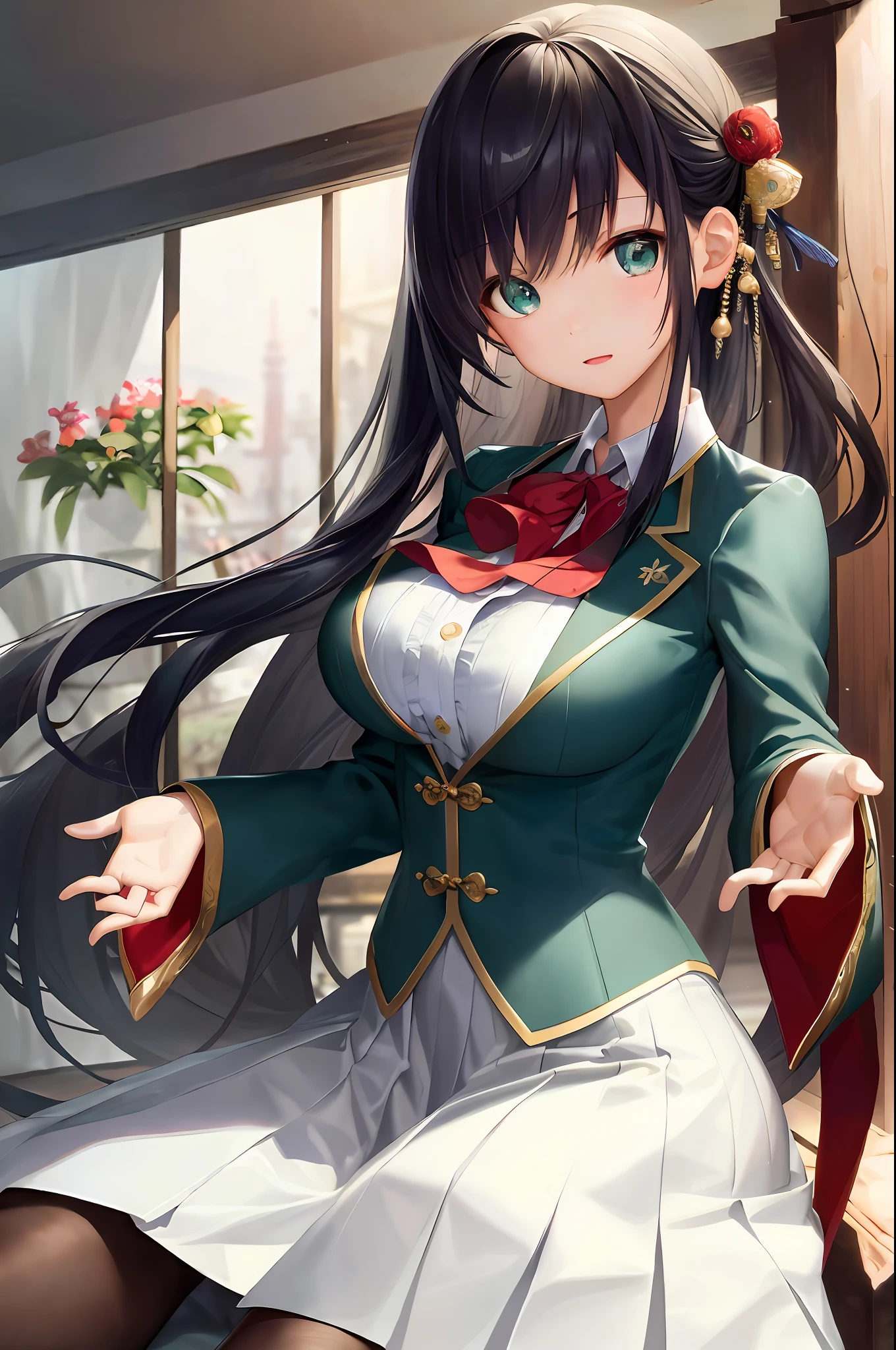 top-quality、masterpiece、Top image quality、Advanced settings、A Japanese Lady、Shy look、Blushing、Emerald green eyes、Navy blue blazer、white shirt、Navy blue flared skirt、Large red ribbon、huge tit、Hide the chest with your own hands、Squeeze your chest、grabbing on breasts、masterpiece、top-quality、ighly detailed、Very realistic eyes、masterpiece、top-quality、ighly detailed、1girl in、grabbing on breasts、From above