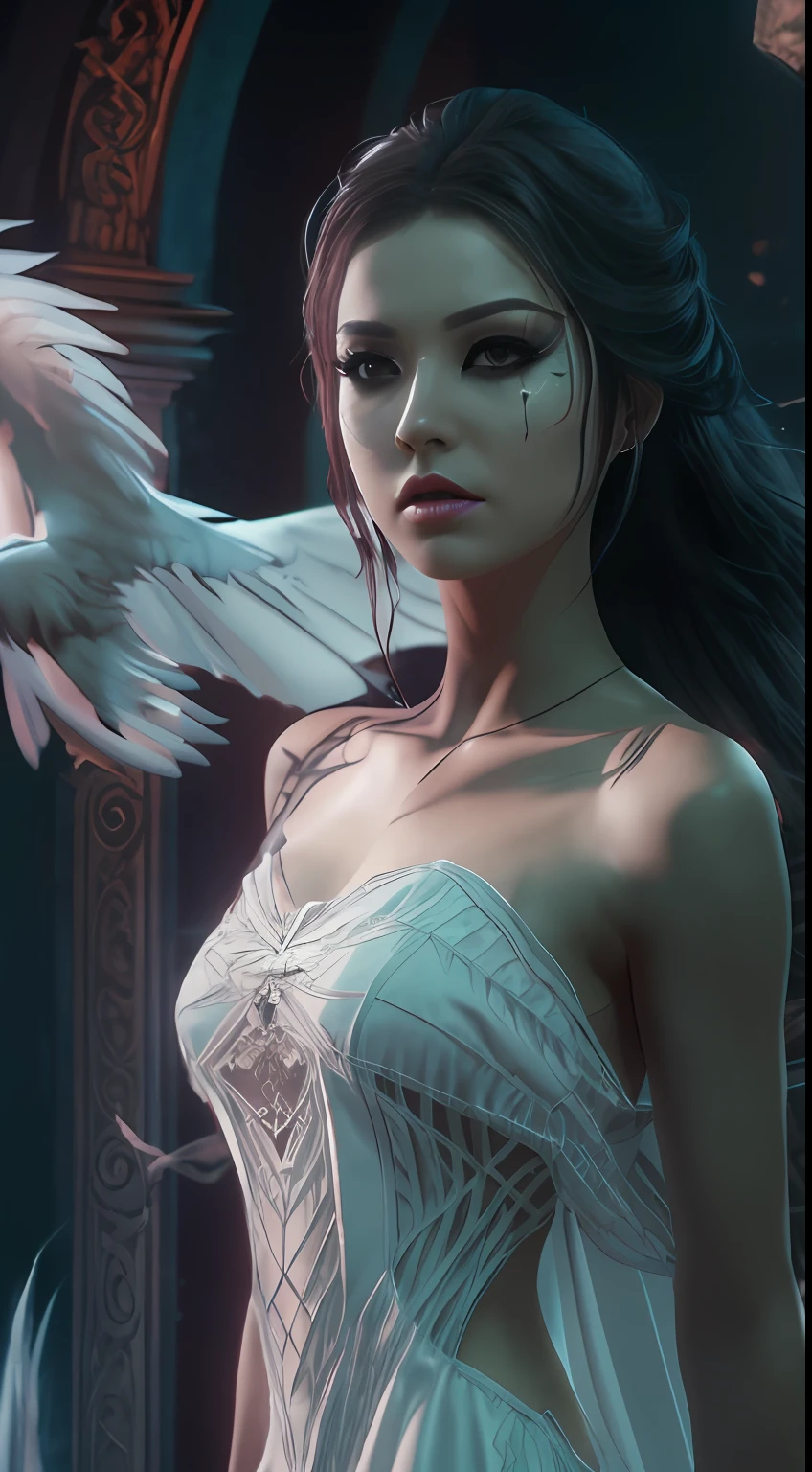 solo, super fine photo, full body photo picture Unreal Engine 5 8K UHD, beautiful girl, black hair, white thin dress, female ghost, banshee, black eyes with black tears, flying ghost, fantasy theme, fantasy design, beautiful make up, best quality, masterpiece, unified 8k wallpaper, super detailed, sharp focus. --auto