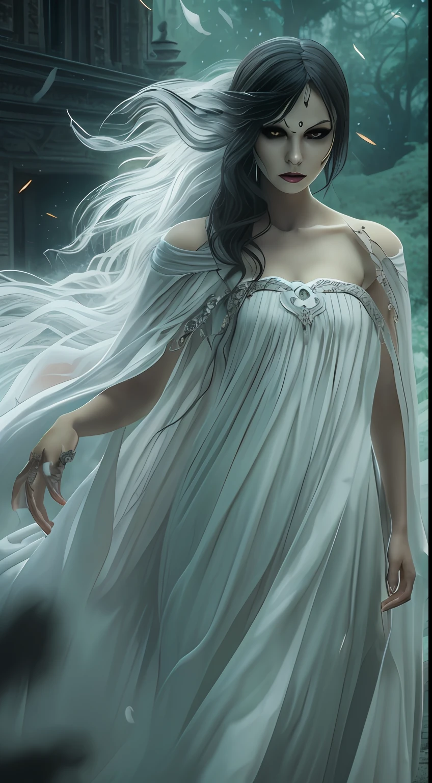 solo, super fine photo, full body photo picture Unreal Engine 5 8K UHD, beautiful girl, black hair, white thin dress, female ghost, banshee, black eyes with black tears, flying ghost, fantasy theme, fantasy design, beautiful make up, best quality, masterpiece, unified 8k wallpaper, super detailed, sharp focus. --auto