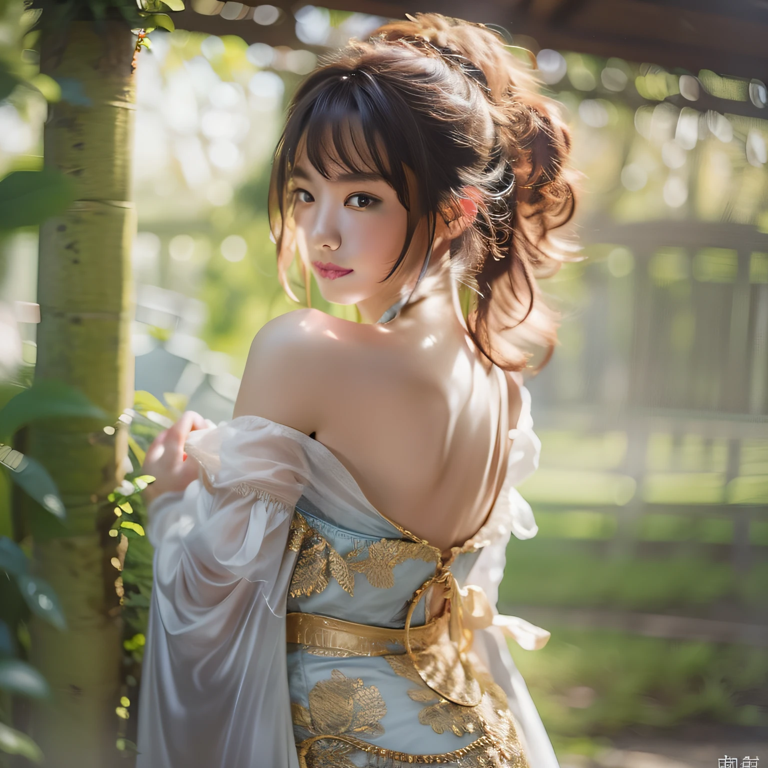(8K、Raw photography、top-quality、​masterpiece:1.2)、(realisitic、Photorealsitic:1.37)、top-quality、超A high resolution、light  leaks、Dynamic lighting、Slim and smooth skin、breastsout、qipao dress、side slits、outside of house、cleavage of the breast、cparted lips、s lips、 depth of fields