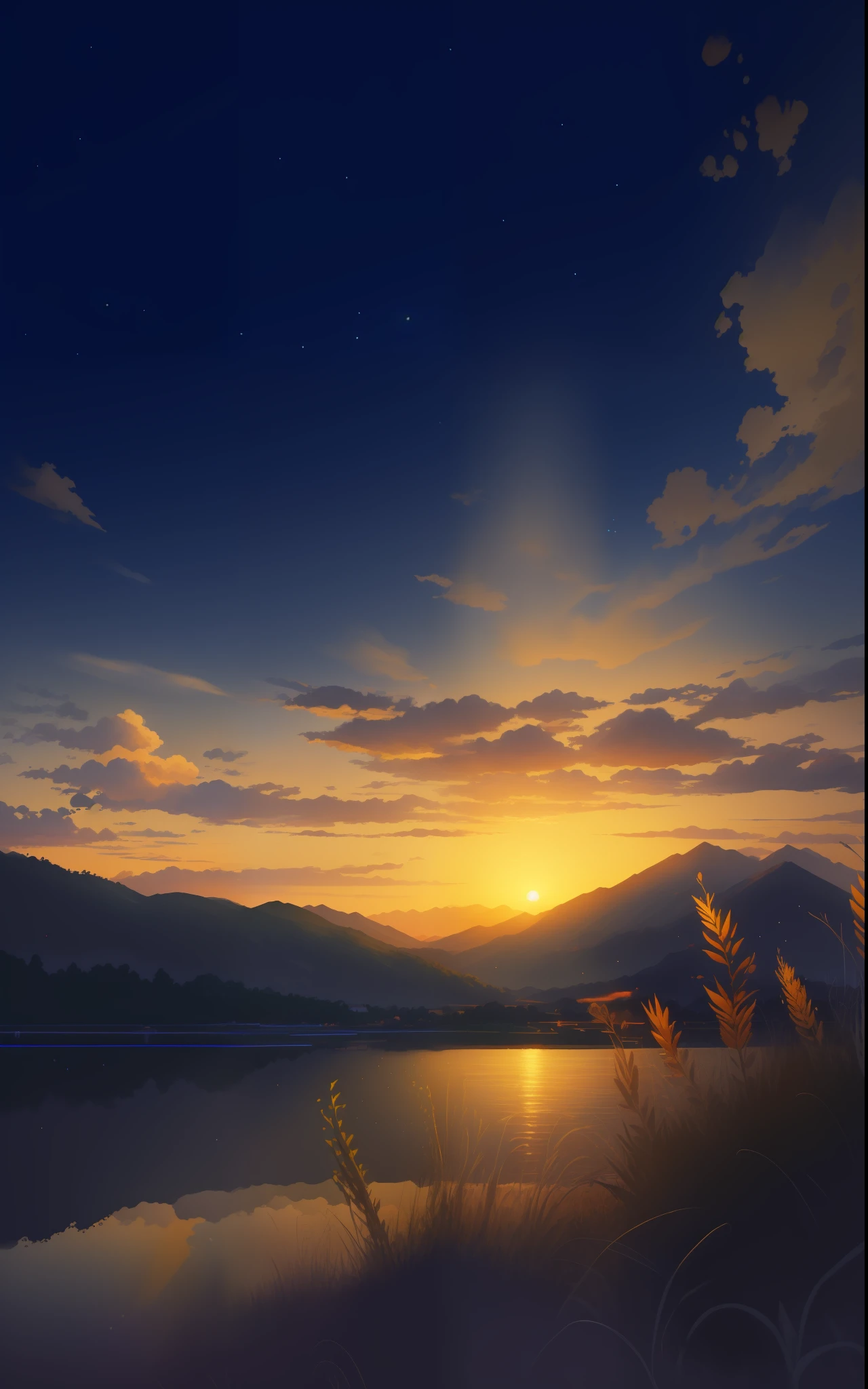 anime scenery of a sunset over a lake with a mountain in the background, beautiful anime scenery, anime landscape wallpaper, anime scenery, beautiful anime scene, anime beautiful peace scene, anime landscape, scenery artwork, night scenery, detailed scenery —width 672, anime countryside landscape, anime background art, style of makoto shinkai