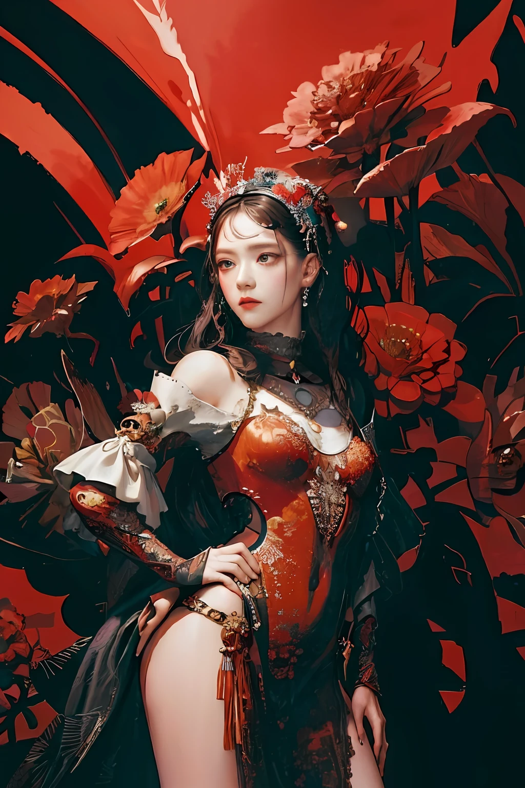 official art, unity 8k wallpaper, ultra detailed, beautiful and aesthetic, masterpiece, best quality, (zentangle, mandala, tangle, entangle), (fractal art:1.3) , 1girl, red flowers, extremely detailed, dynamic angle, cowboyshot, the most beautiful form of chaos, elegant, a brutalist designed, vivid colours, romanticism, by james jean, roby dwi antono, ross tran, francis bacon, michal mraz, adrian ghenie, petra cortright, gerhard richter, takato yamamoto, ashley wood, atmospheric