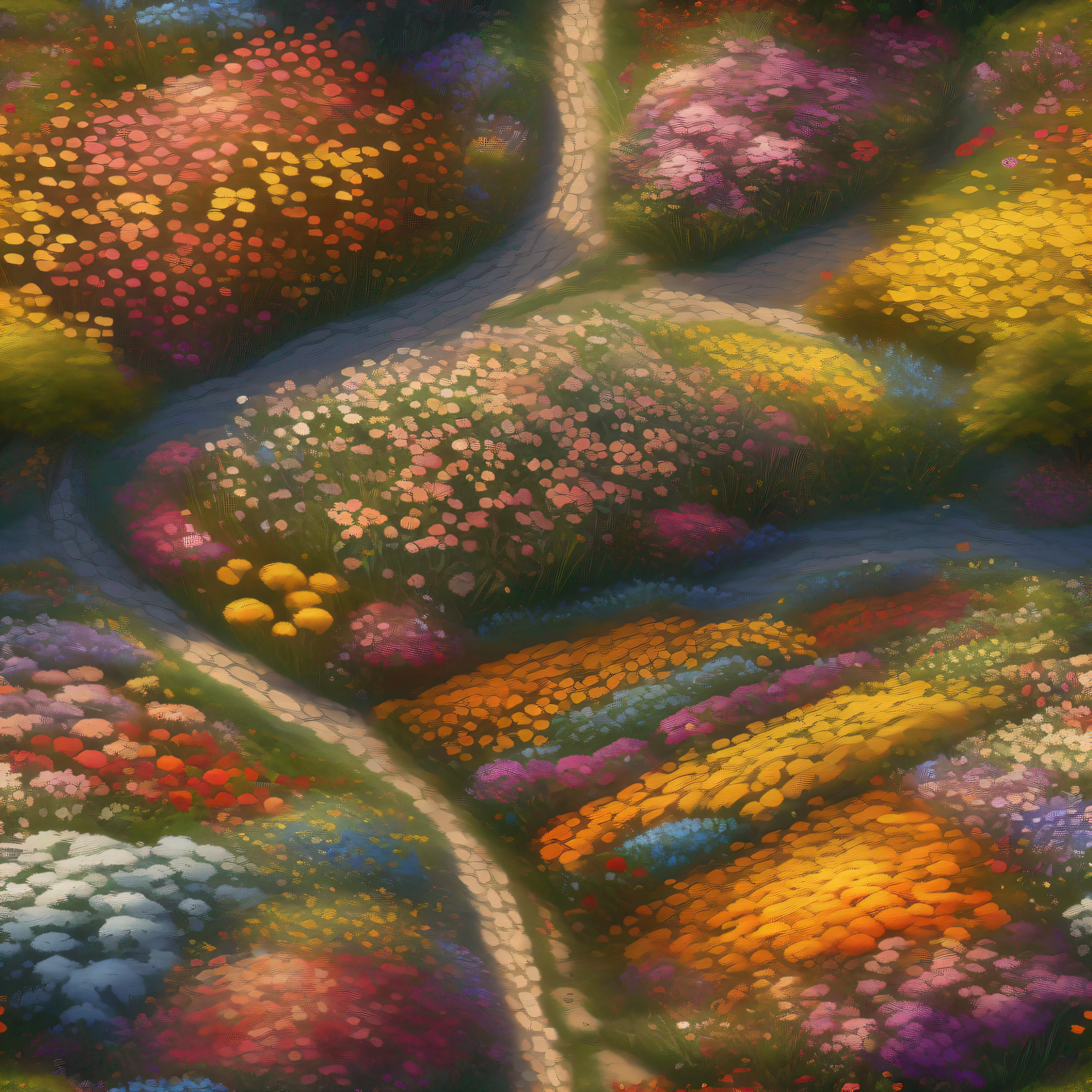 Top view，flower  field， Flower Road，Both sides are full of flowers，The picture is of high quality，Art Ultra HD 4 K, Detailed scenery —width 672, author：Franz Hergi, scenery art detailed, 8K high quality detailed art, 4k highly detailed digital art, A high resolution, 4 k matte thomas kinkade