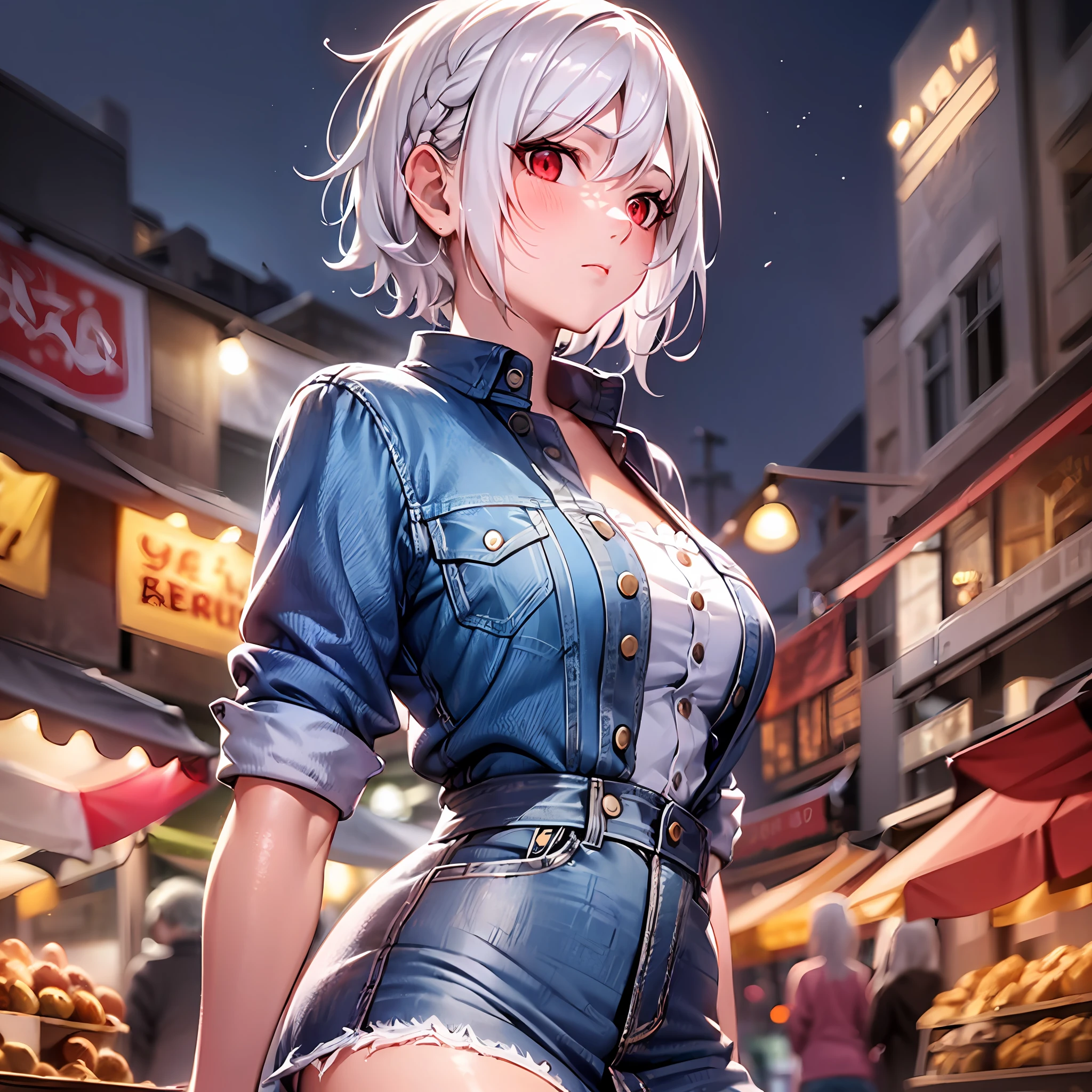 1girl, solo, (white hair:1.3), short hair, french braid, (denim dress:1.2), expressionless, red eyes, glint, (standing:1.2), cowboy shot, from side, dutch angle, (Night Market:1.35), day, masterpiece, best quality,ray tracing, backlighting, 8k, super detail, anatomically correct, textured skin