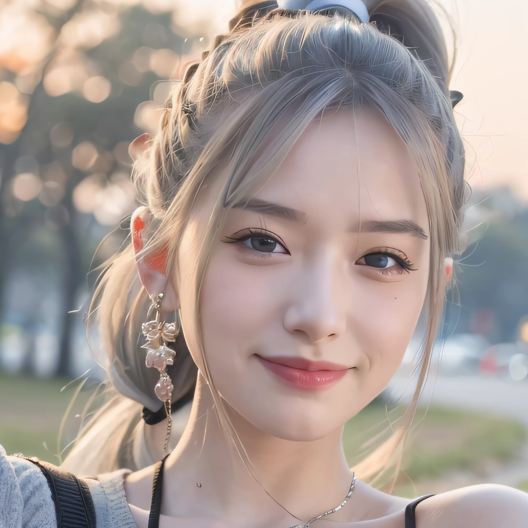 mix4,(8K, RAW photo, Best quality, Masterpiece:1.2), (Realistic, photo-realistic:1.37),((1girll)),aged down,Cute,Outdoors, day, Sunlight, Professional lighting, photon maping, Radio City, Physically-based rendering,Chinese,((Full body shot:2, Silver hair:2, High ponytail:1.2,Perfect face,Perfect eyes,)),Goddess,Smile, arms back behind,