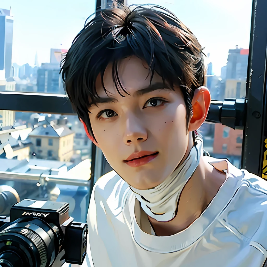 best quality, ultra high res, (photorealistic:1.4), masterpiece, Kodak portra 400, blurry background , gym, (face Focus:1.3),1boy ,white skin, white t-shirt, posing, looking at viewer ,face focus