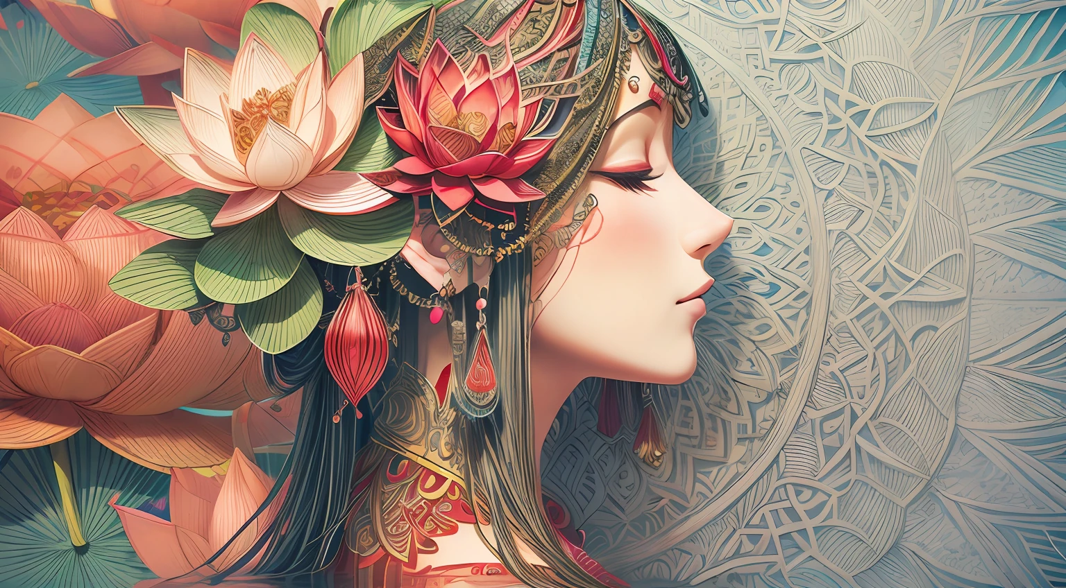 (illustration:1.3),paper art, zentangle，3D rendering，Red background，Summer，(Beauty side face,close eyes:1.3)，(lotus:1.2), Colorful, Best quality, Detailed details, Masterpiece, offcial art, Cinematic lighting effects, 4K,