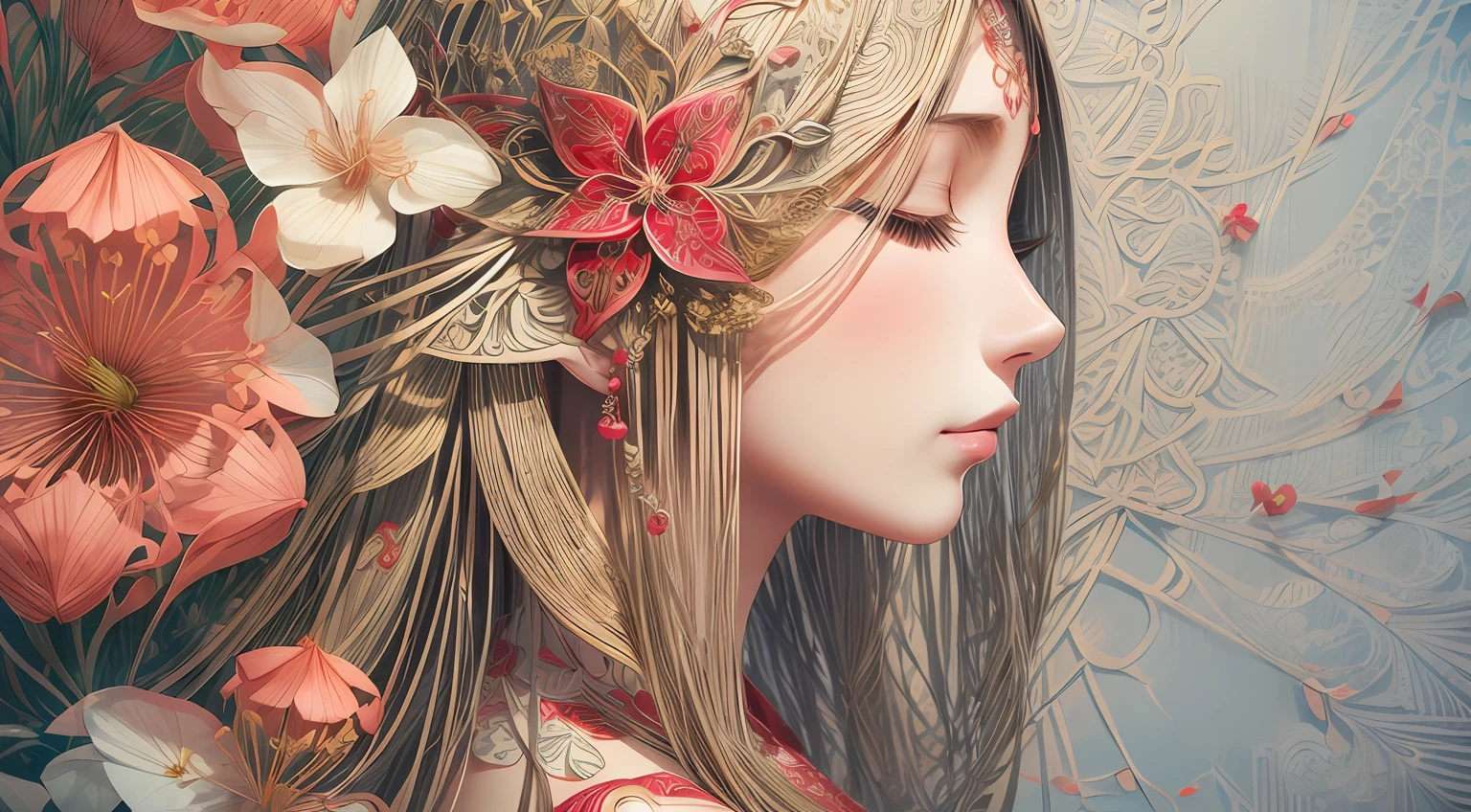 (illustration:1.3),paper art, zentangle，3D rendering，White background，Winter，(Beauty side face,close eyes:1.3)，(plum blossom:1.2), Colorful, Best quality, Detailed details, Masterpiece, offcial art, Cinematic lighting effects, 4K,