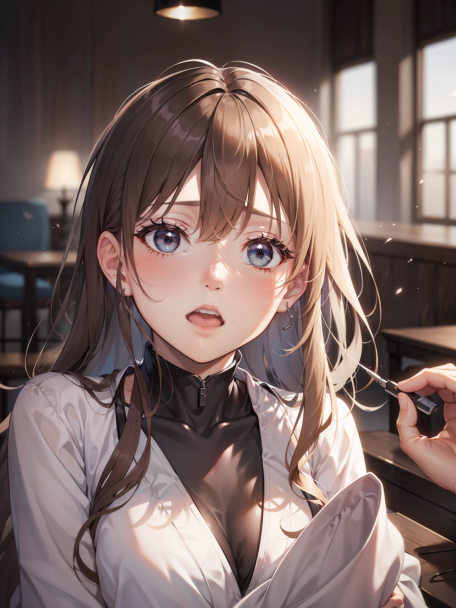 Beautuful Women、Sitting at the table、Wearing a sore white dress、Besides windows、Dark sky fire、gradation hair、A dark-haired、hair behind ear、length hair、eye reflections、a closeup、One-person viewpoint、symmetry、polarity、high detal、Ray traching、reflective light、masterpiece、top-quality、tre anatomically correct、ultra-detailliert、 textured skint, nffsw, Hi-Res, hard disk