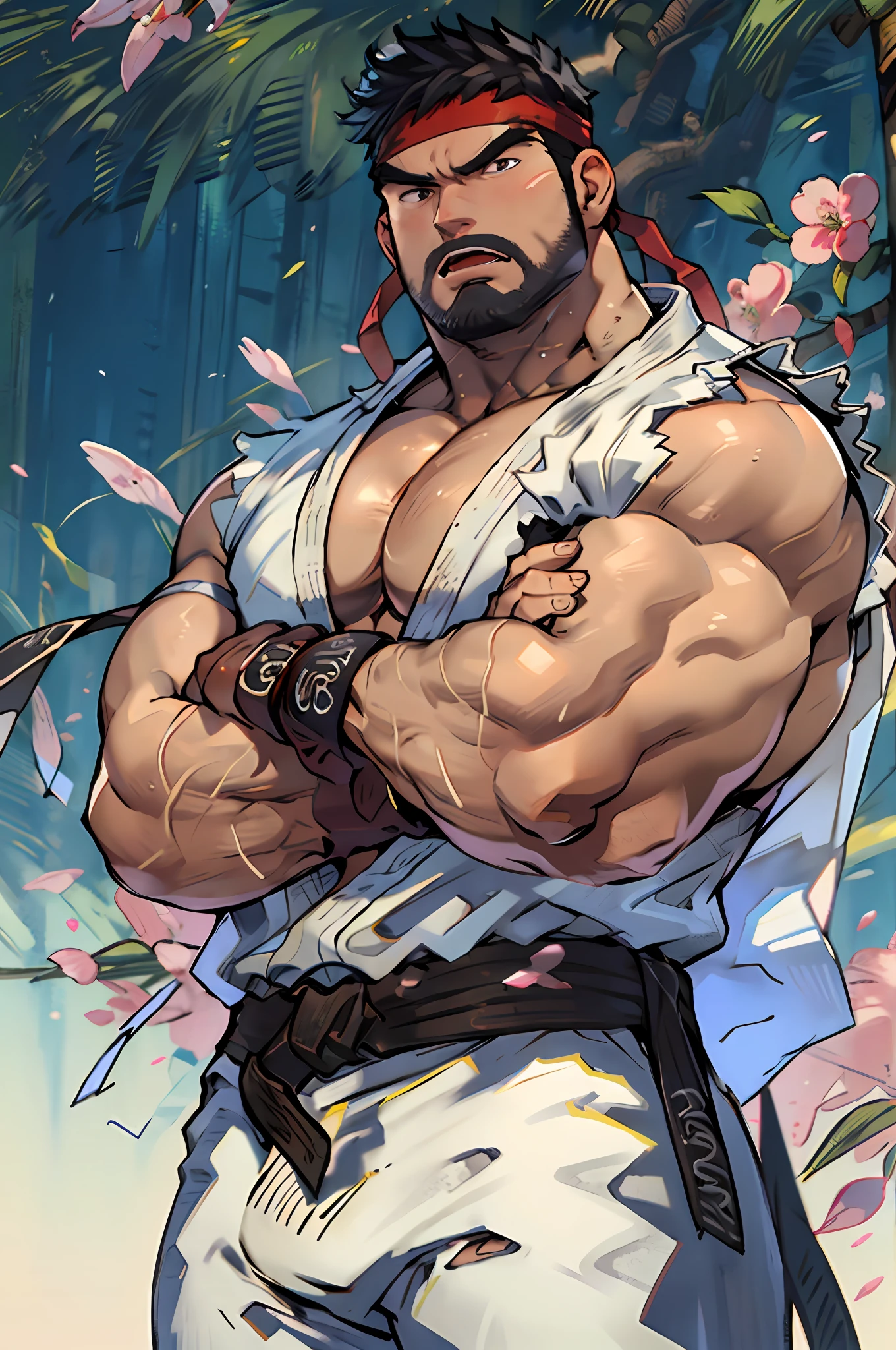 (masterpiece, best quality:1.2), cowboy shot, solo, male focus, 1boy, ryu \(sf\), middle age, serious, closed mouth, white skin, looking at viewer, black hair, black beard, detailed face tall, hunk, muscular, wide shoulder, big physique, wearing big white Dougi, new white Dougi shirt, white Dougi pant, red headband, fingerless gloves, blue aura, cherry blossom in the background, high detailed, crossed arms