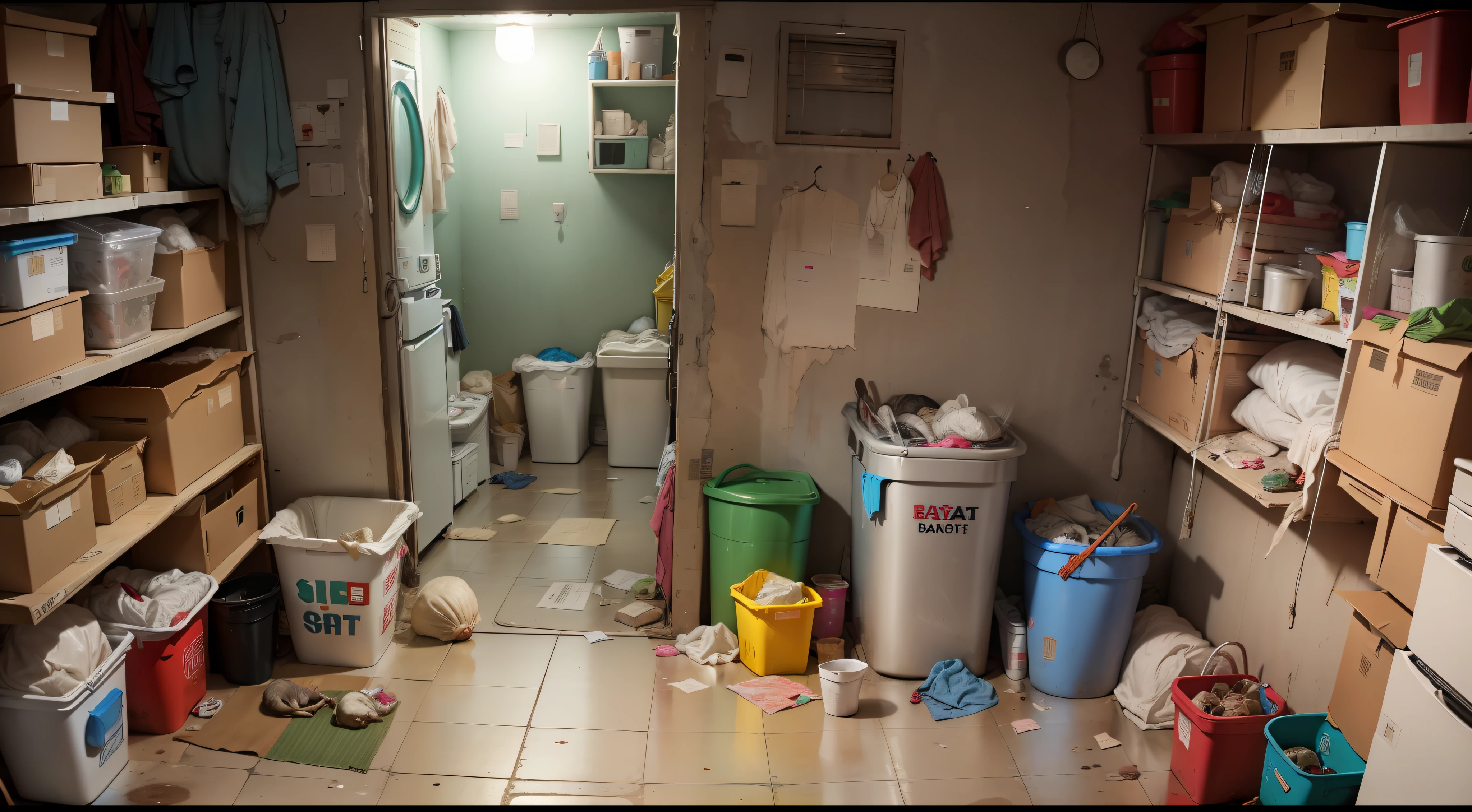 Poor dirty family living in a dirty, dirty, cramped basement, very dirty, old, very dirty, trash, cockroaches, rat