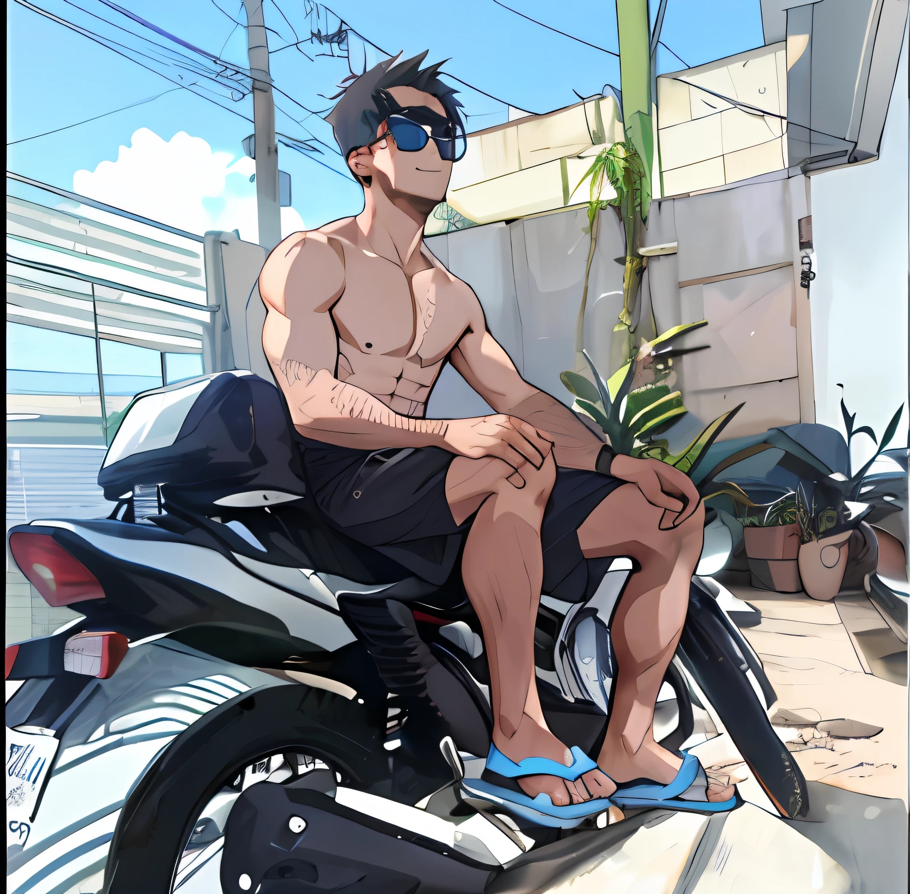 Melhor qualidade: 1.0), (super high res: 1.0), Anime boy, cabelo preto curto, oculos preto, chinelo, rosto ,cavanhaque, fundo desenhado, fundo anime, rosto desenhado, papel de parede