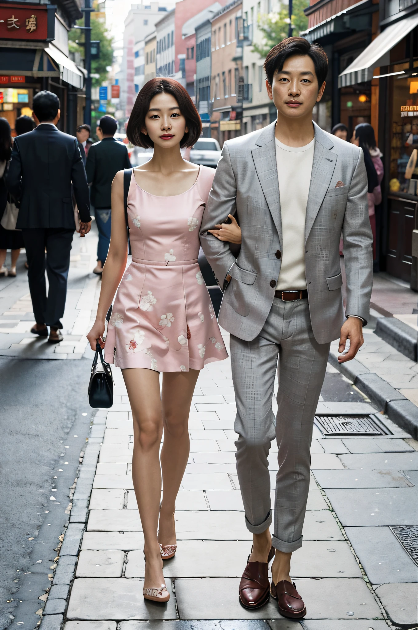 A middle-aged Asian man wearing a smart, soft pink shirt and classy grey trousers strolling hand in hand down the street with a young, stunning Asian woman dressed in a beautifully patterned pink floral dress. The pair exude elegance, style, and warmth, with their coordinated outfits adding an extra touch of sophistication to the scene. The urban backdrop, complete with vintage architecture and charming cobblestone streets, is subtly blurred, drawing the focus to the couple in the foreground. The style of the image is reminiscent of classic street photography, capturing the motion and spirit of life in an urban setting, with a timeless touch of nostalgia that permeates the entire scene. The details are crisp and vibrant, from the intricate patterns on the young woman's dress to the expression on the man's face, revealing an unspoken, tender narrative between the two