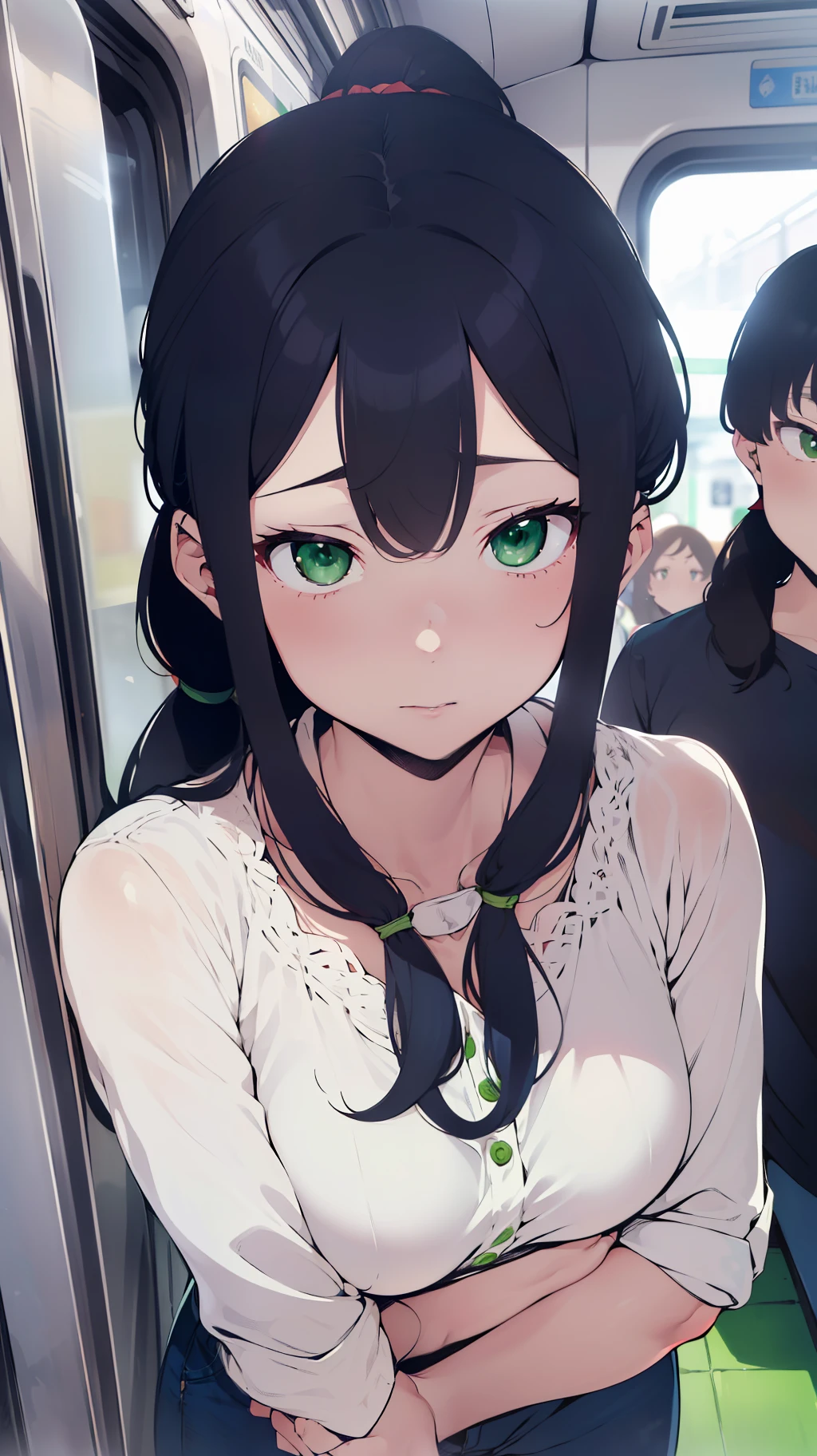 (((one woman,long hair,ponytail,bangs,slender face,sharp eyes,green eyes,detailed eyes,small breast,white blouse,navy jeans,flushed cheek))),masterpiece,extremely high quality,extremely fine and beautiful,hyper detail,dynamic resolution,sharp focus,anime style,watching the viewer,on the train,from above