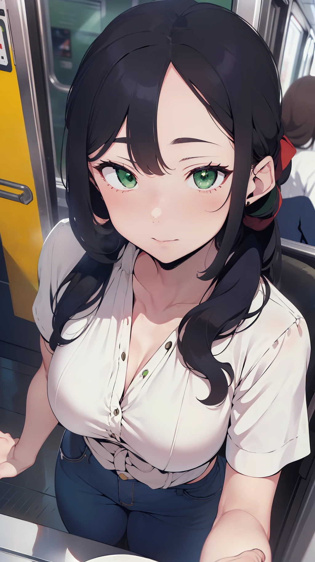 (((one woman,long hair,ponytail,bangs,slender face,sharp eyes,green eyes,detailed eyes,small breast,white blouse,navy jeans,flushed cheek))),masterpiece,extremely high quality,extremely fine and beautiful,hyper detail,dynamic resolution,sharp focus,anime style,watching the viewer,on the train,from above